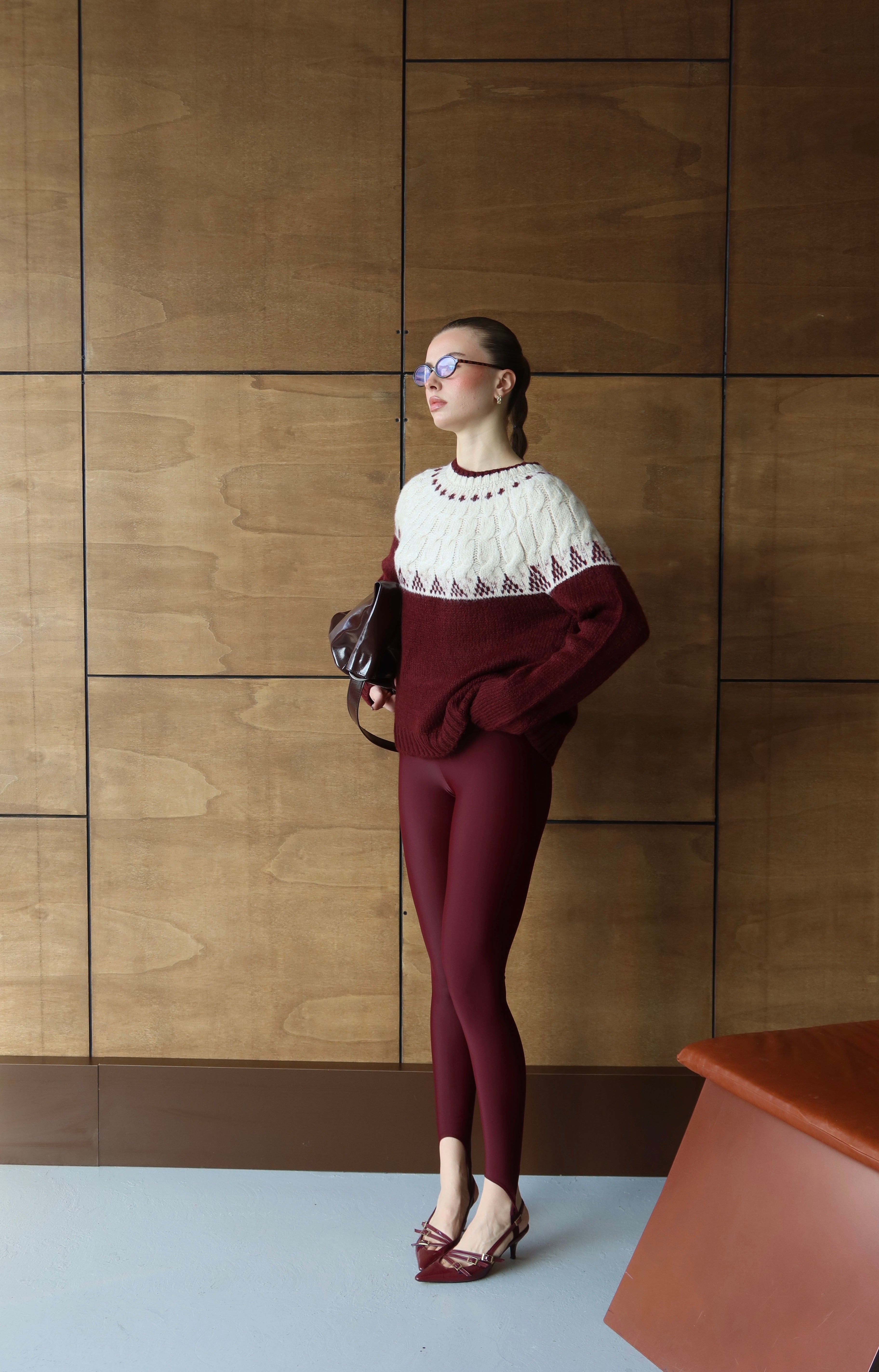 BORDO BİSİKLET YAKA DESENLİ OVERSİZE KAZAK