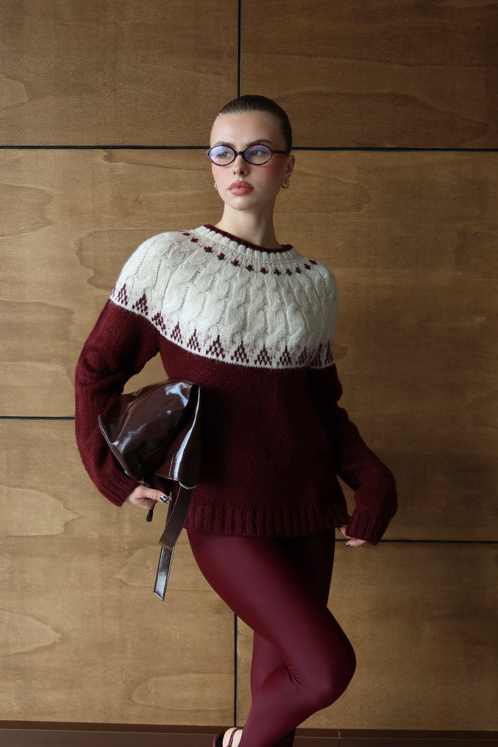 BORDO BİSİKLET YAKA DESENLİ OVERSİZE KAZAK