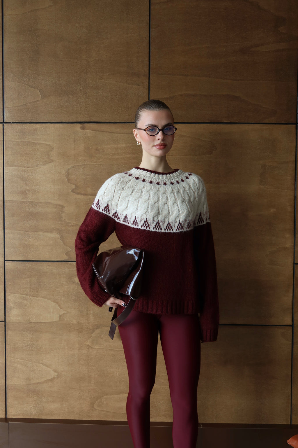 BORDO BİSİKLET YAKA DESENLİ OVERSİZE KAZAK