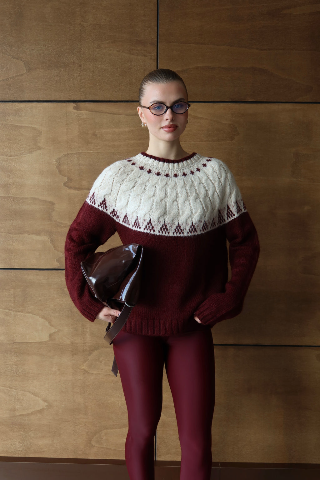 BORDO BİSİKLET YAKA DESENLİ OVERSİZE KAZAK