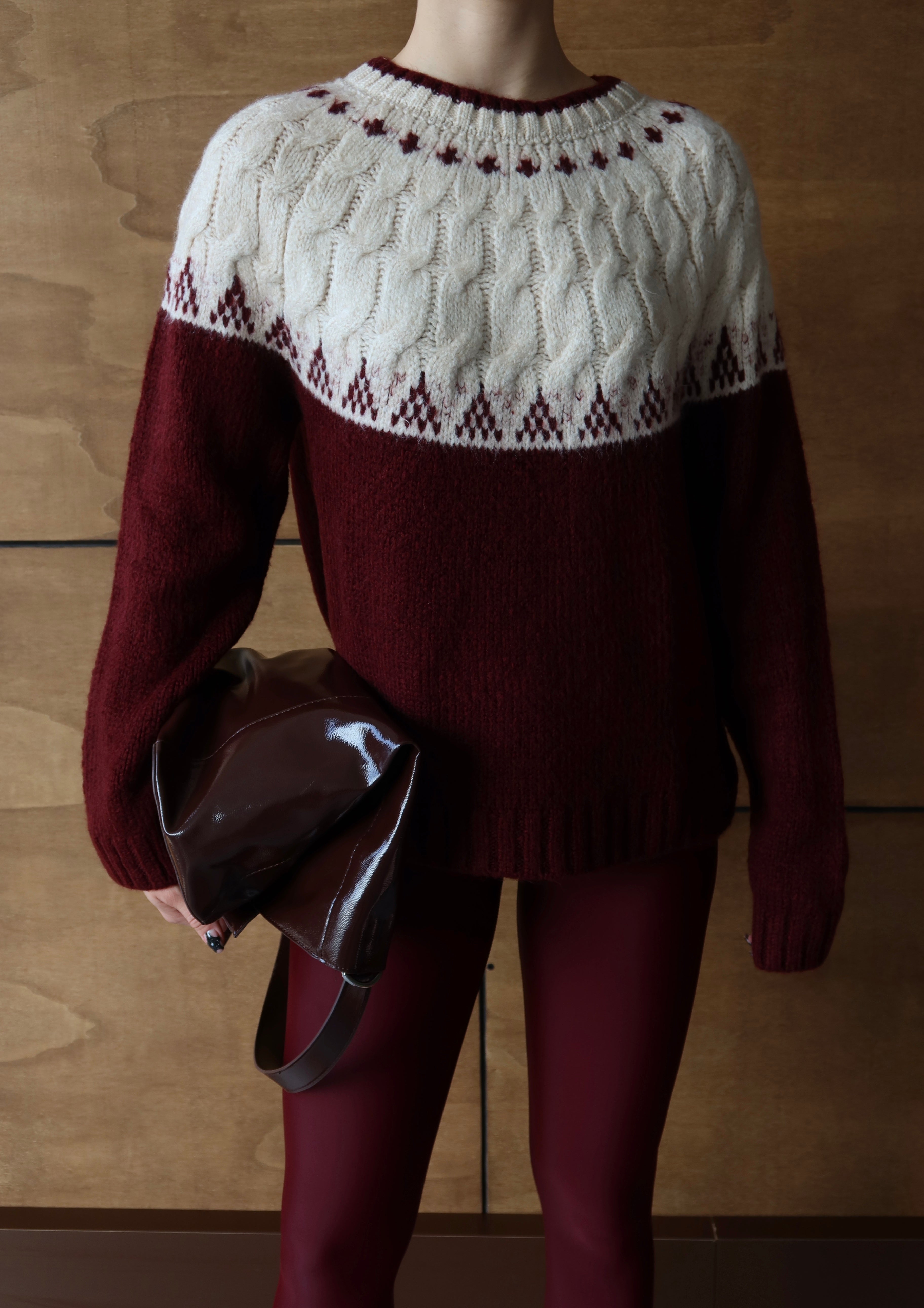 BORDO BİSİKLET YAKA DESENLİ OVERSİZE KAZAK