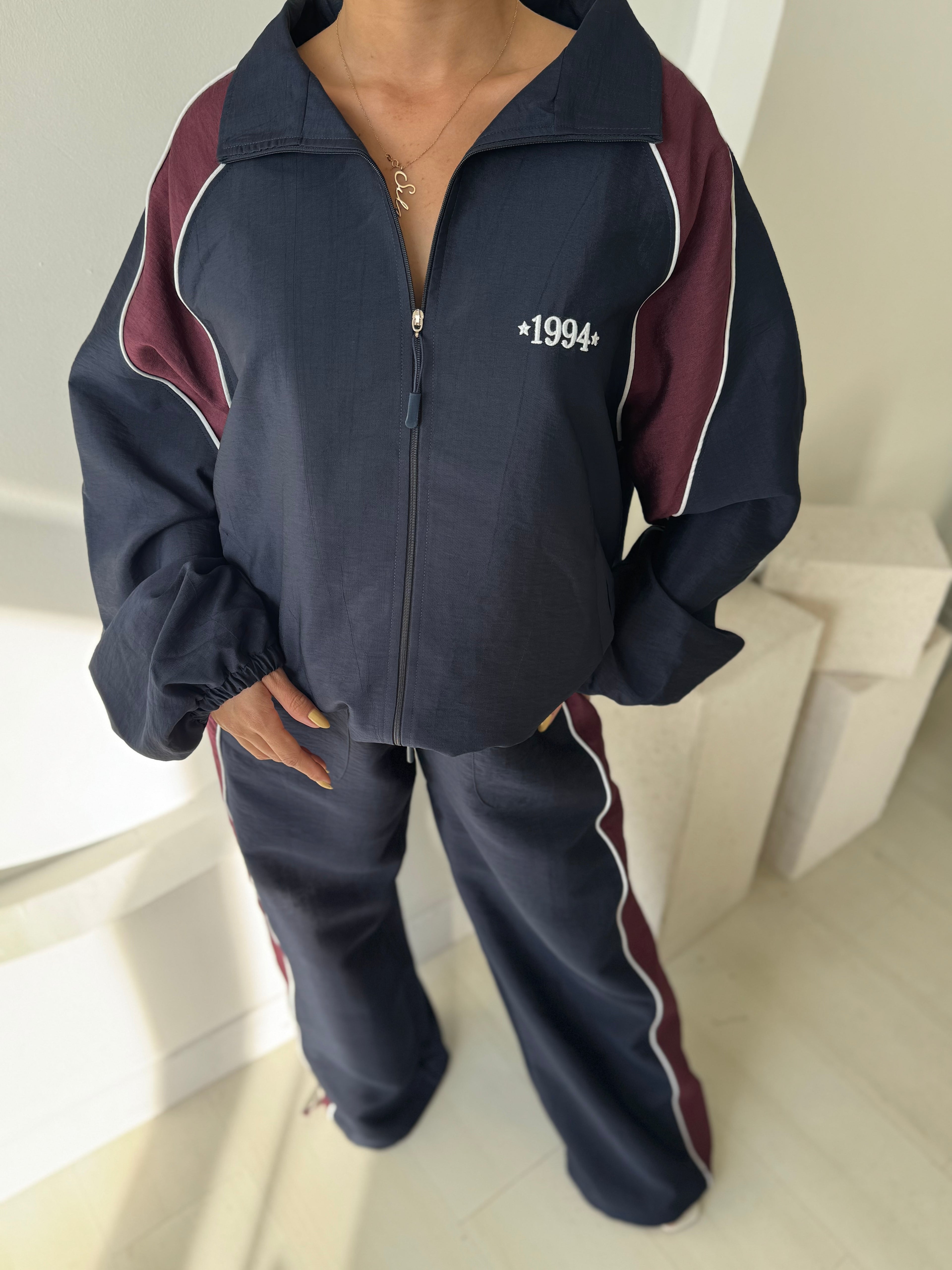 Lacivert Şerit Detaylı Bomber Ceket Pantolon Takım