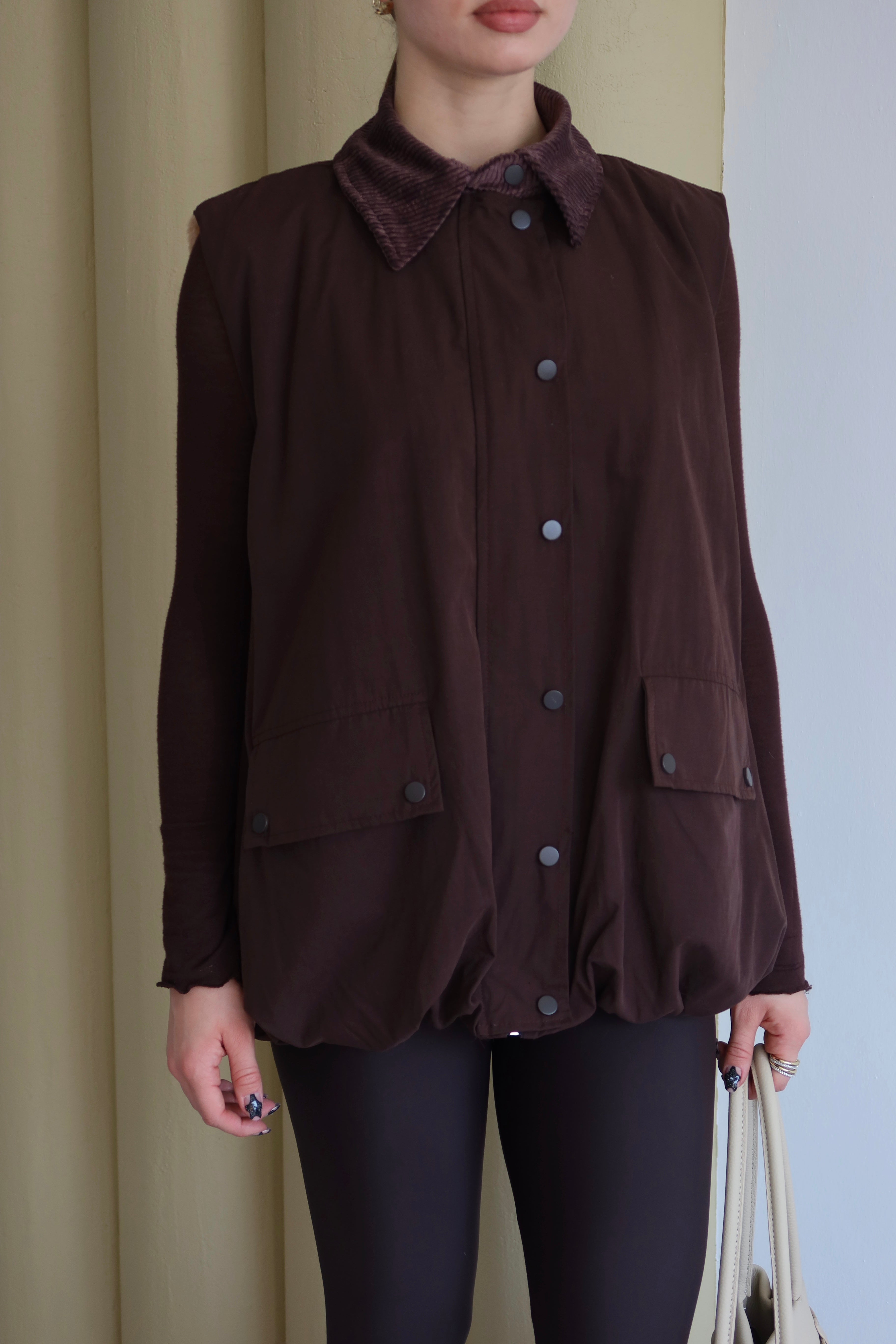 Kahverengi Kadife Yaka Detaylı Yelek