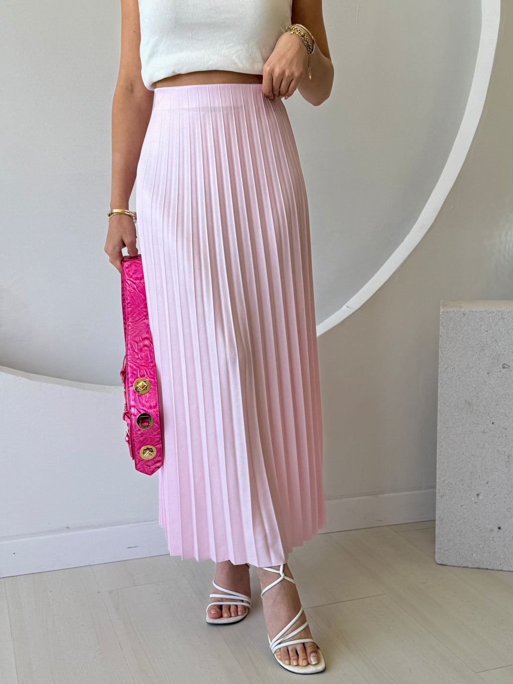 Astarsız Pembe Piliseli Etek