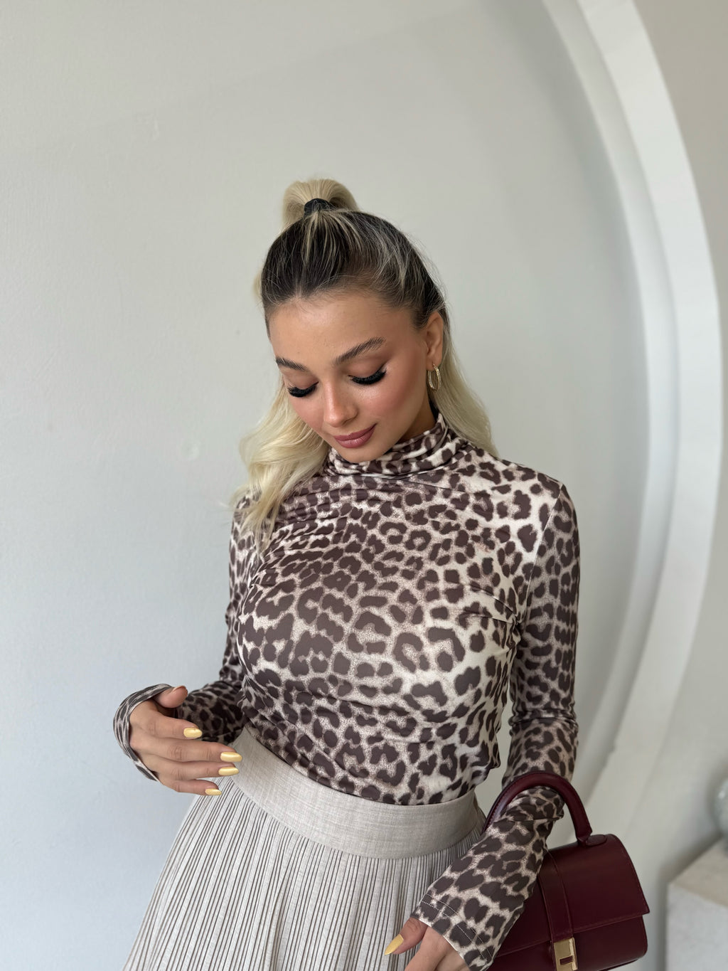 Leopar Desen Boğazlı Uzun Kol Bluz