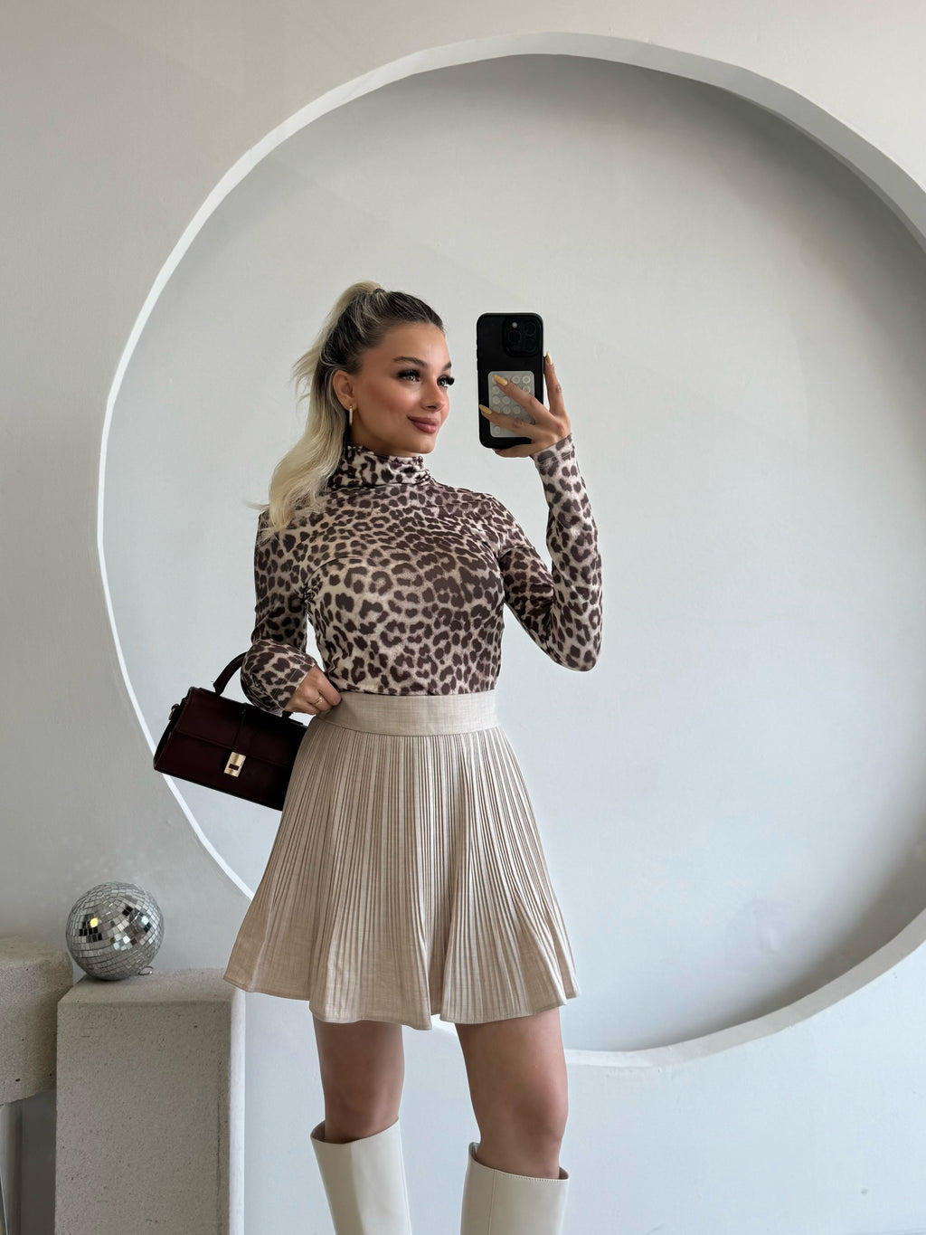 Leopar Desen Boğazlı Uzun Kol Bluz