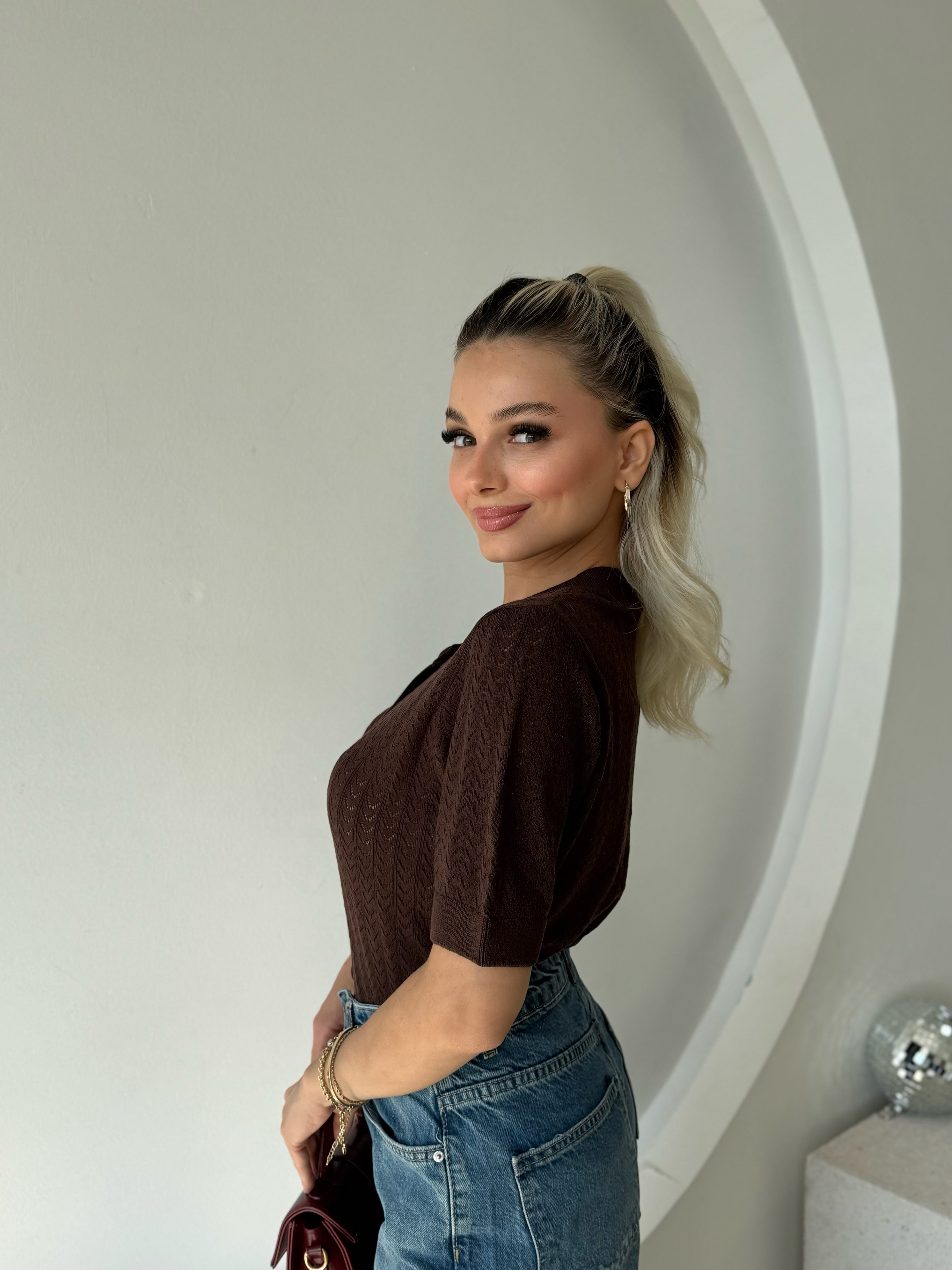 Kahverengi Kısa Kol Düğmeli Triko Hırka