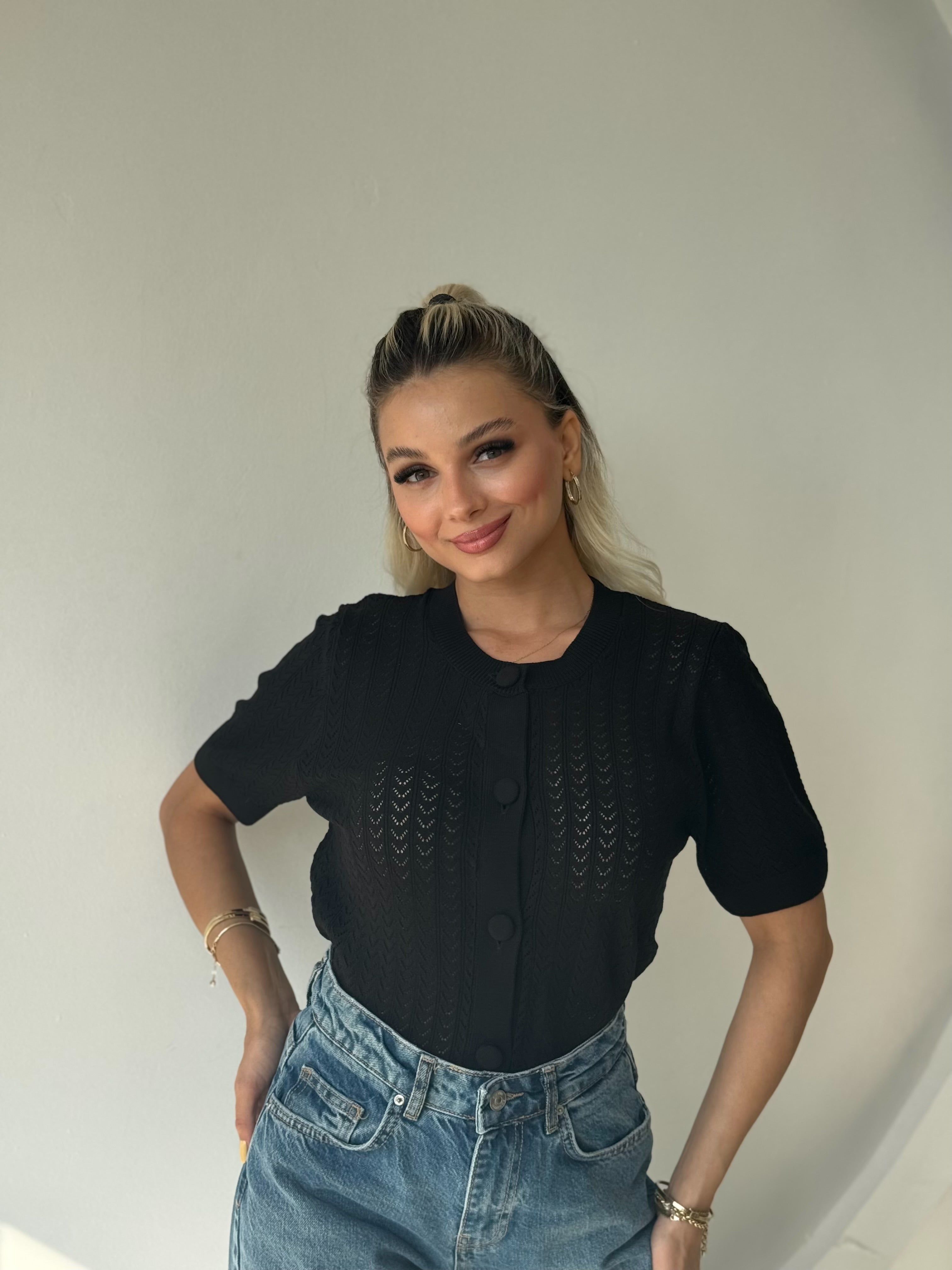 Siyah Kısa Kol Düğmeli Triko Hırka