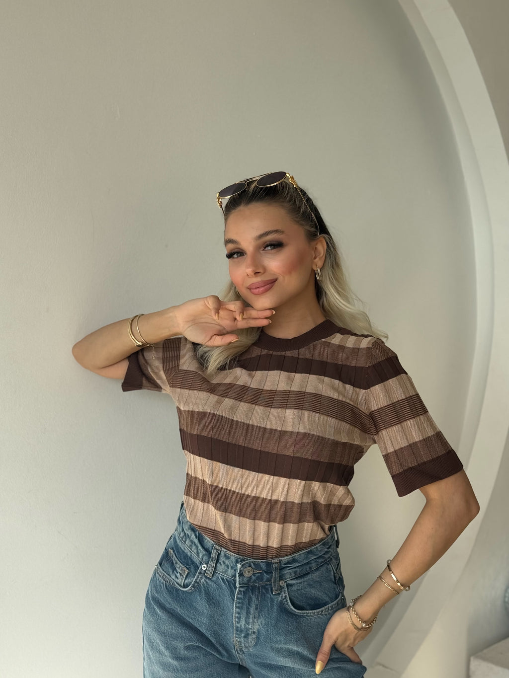 Bisiklet Yaka Çizgili Kısa Kol Triko