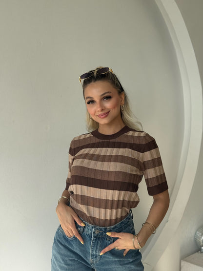 Çizgili Kısa Kol Triko