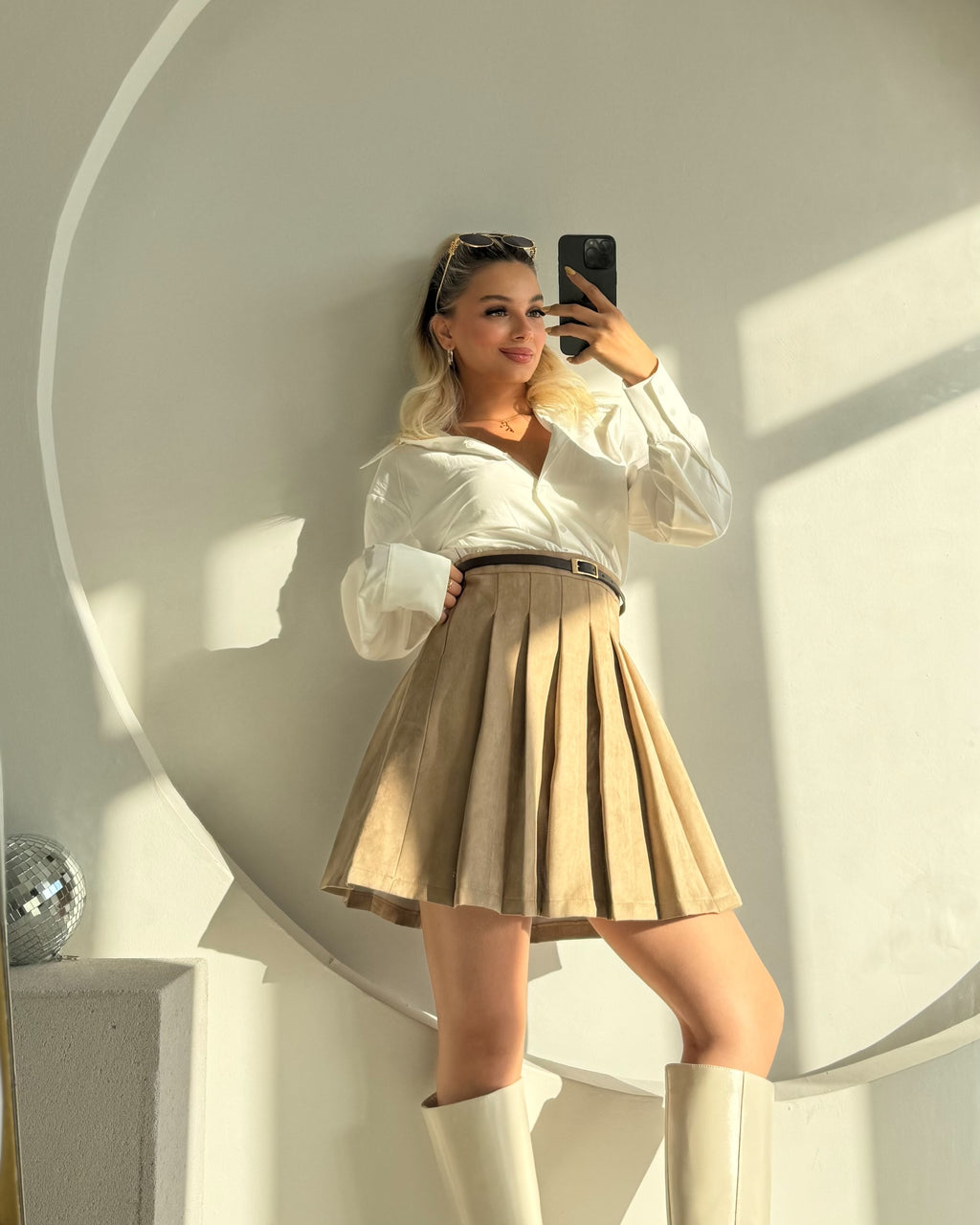 Kumaş Matchli Elbise Bej