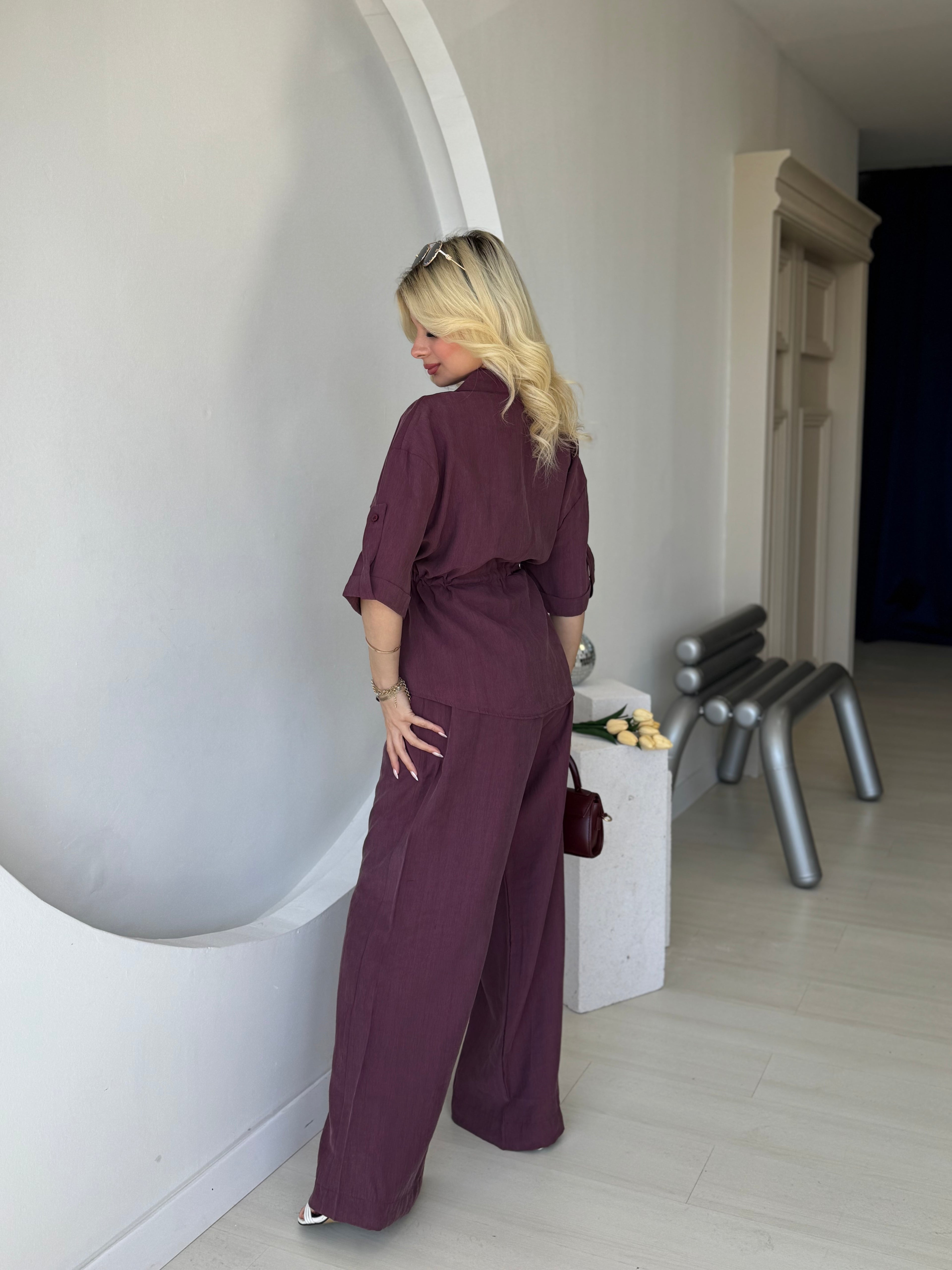 Mürdüm Düşük Kol Beli Bağcık Detaylı Ceket Pantolon Takım