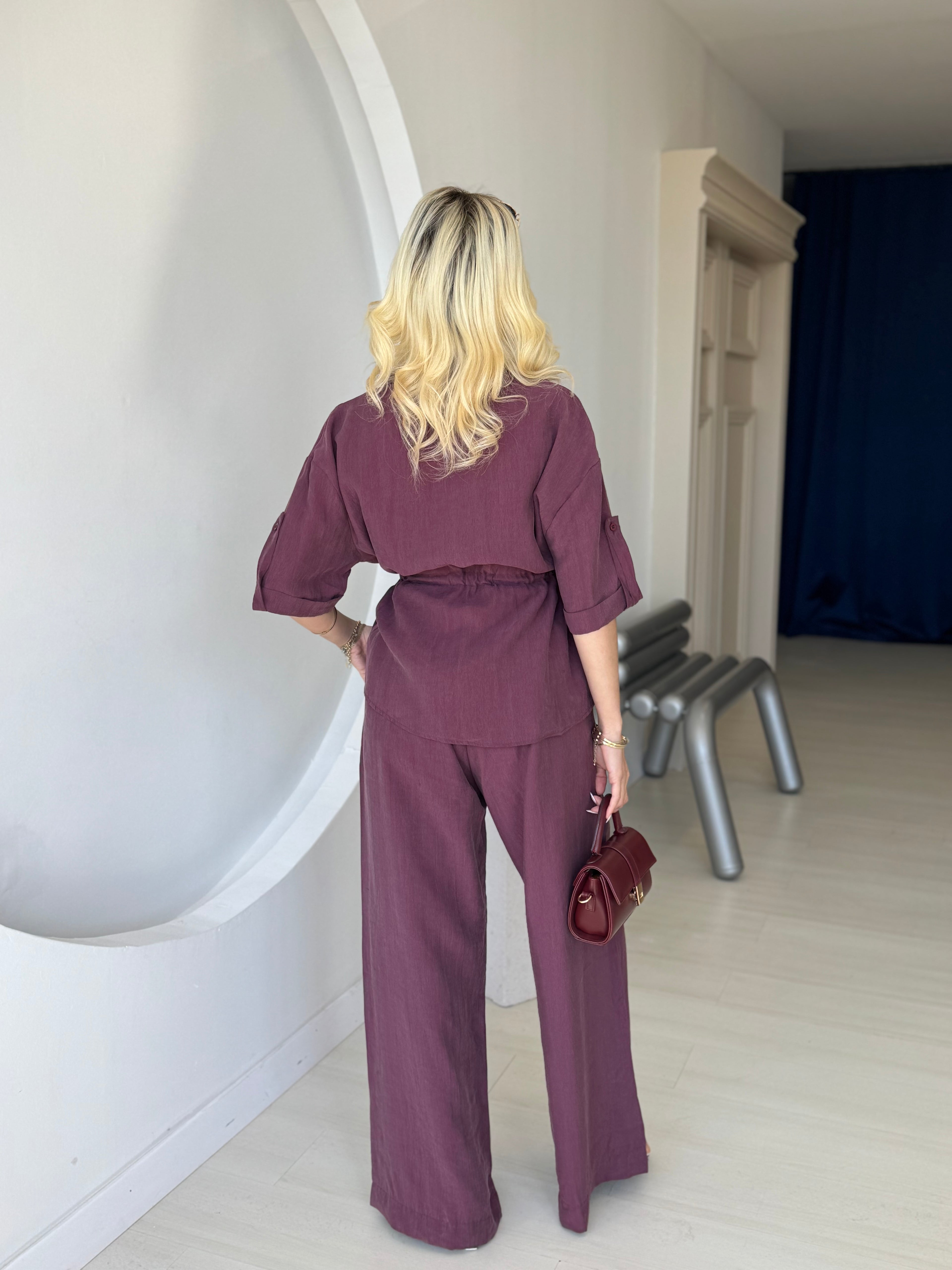 Mürdüm Düşük Kol Beli Bağcık Detaylı Ceket Pantolon Takım