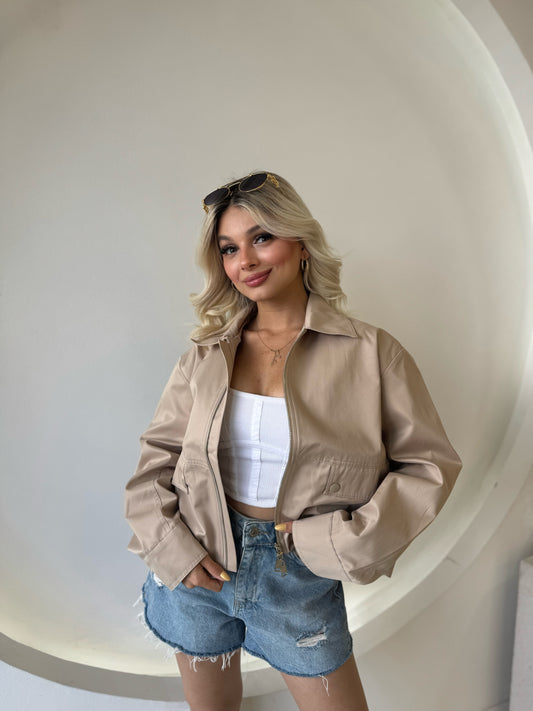 Bej Şerit Detaylı Bomber Ceket