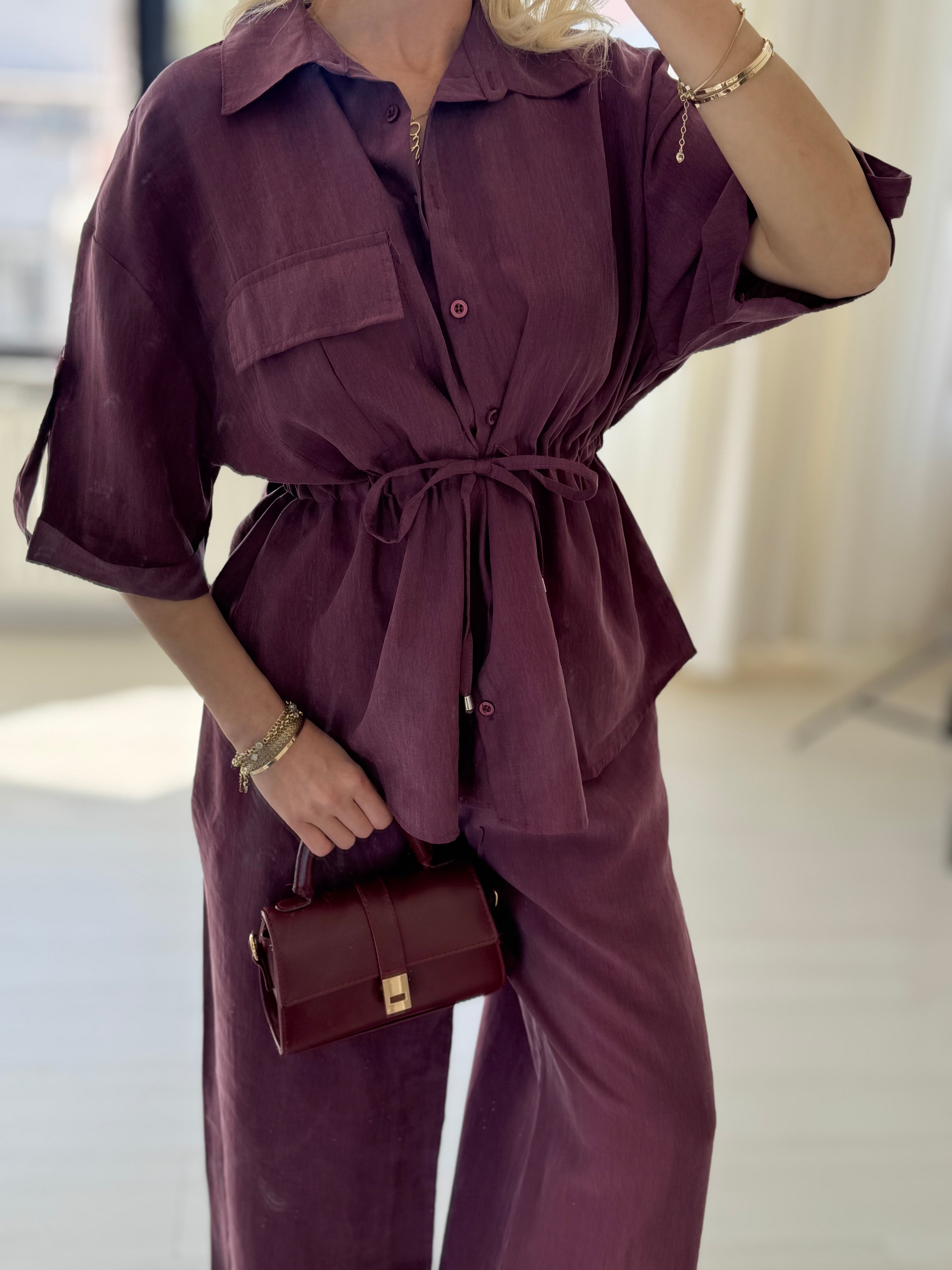 Mürdüm Düşük Kol Beli Bağcık Detaylı Ceket Pantolon Takım