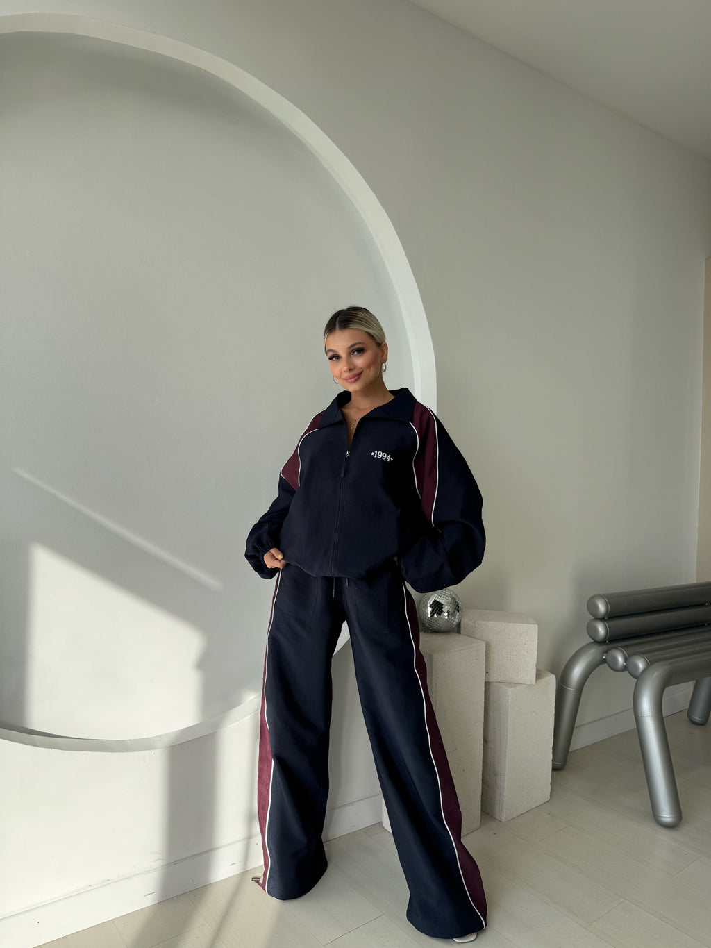 Lacivert Şerit Detaylı Bomber Ceket Pantolon Takım