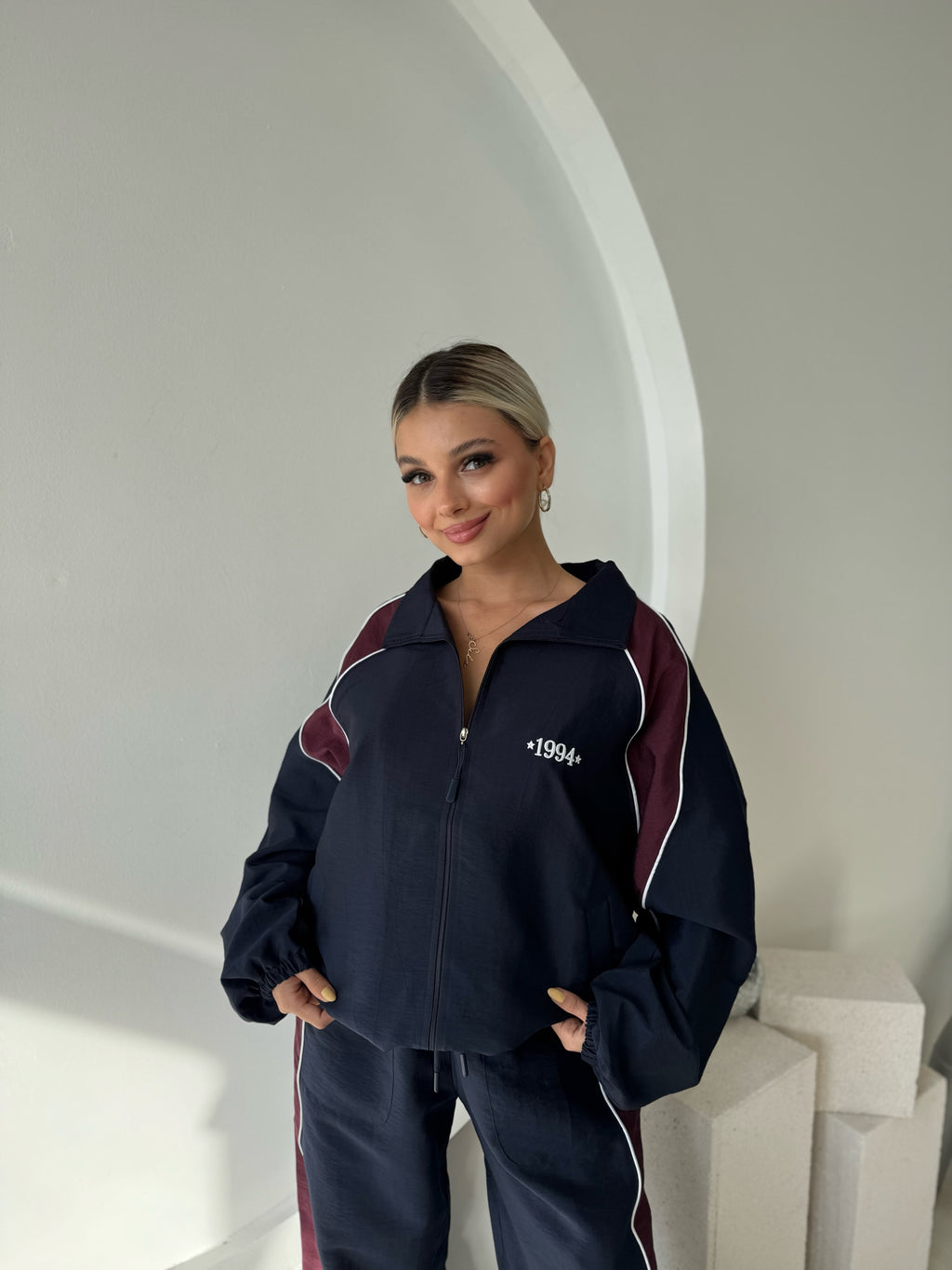Lacivert Şerit Detaylı Bomber Ceket Pantolon Takım