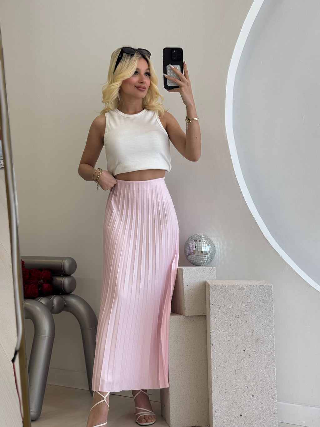 Astarsız Pembe Piliseli Etek