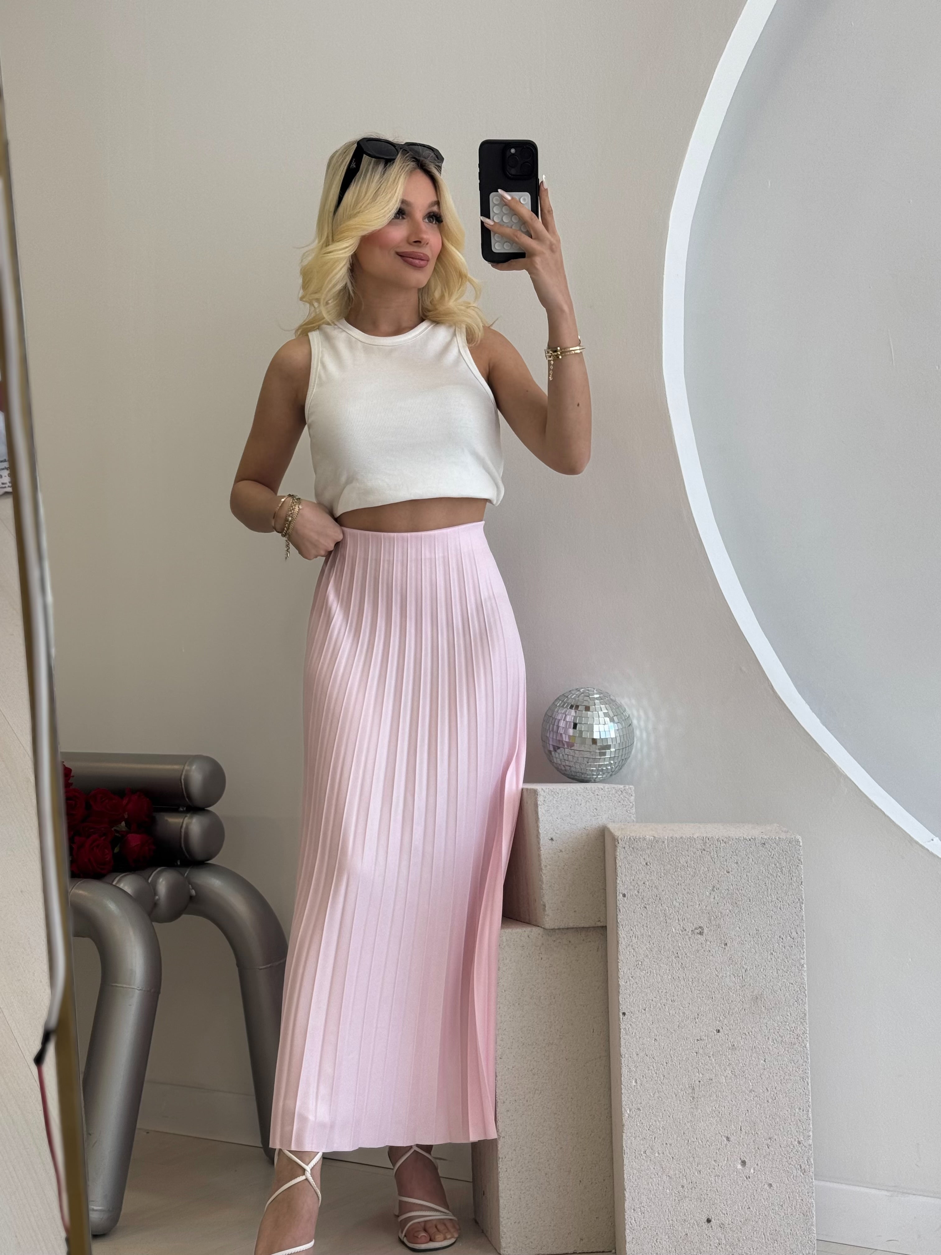 Astarsız Pembe Piliseli Etek