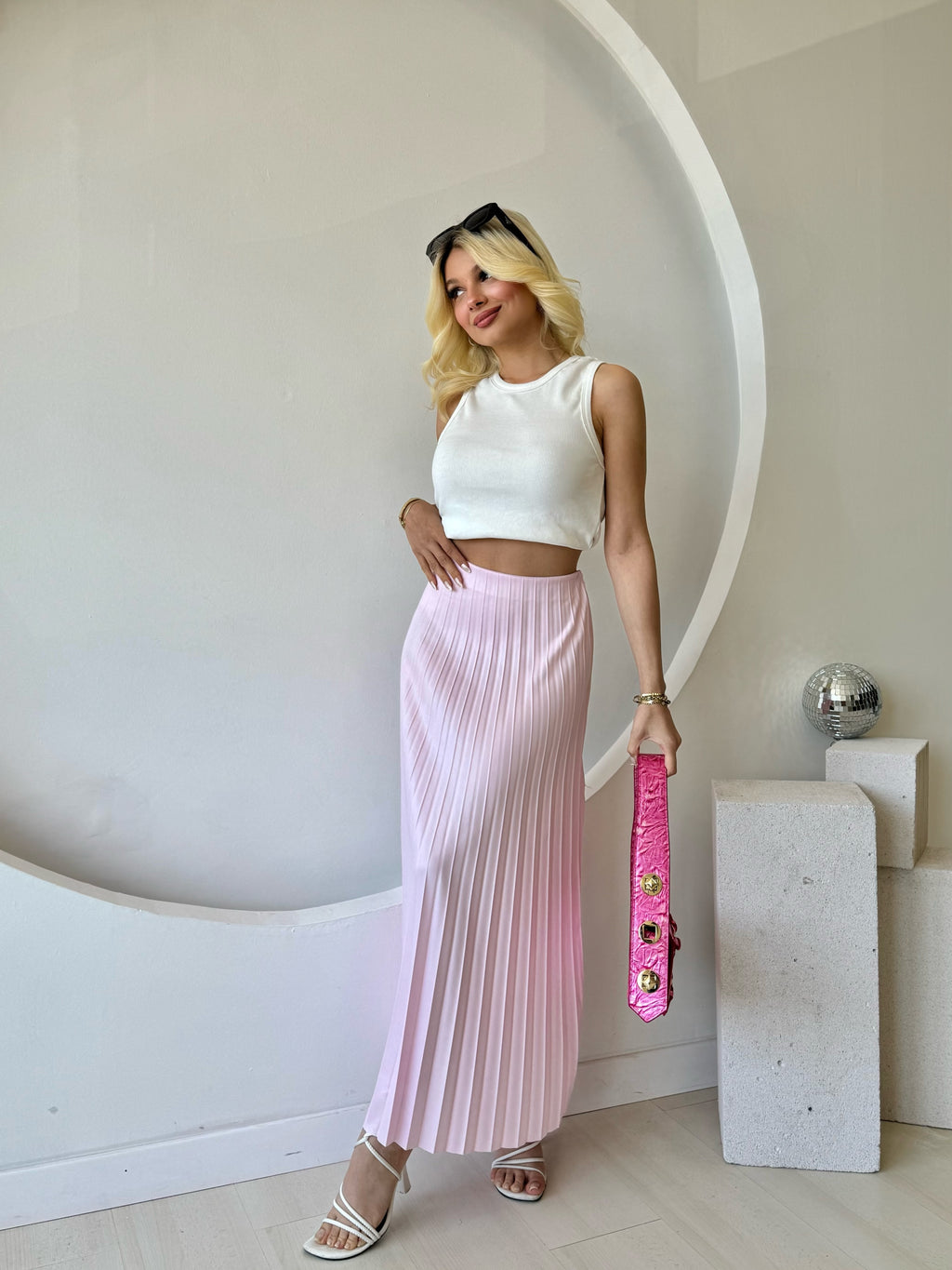 Astarsız Pembe Piliseli Etek