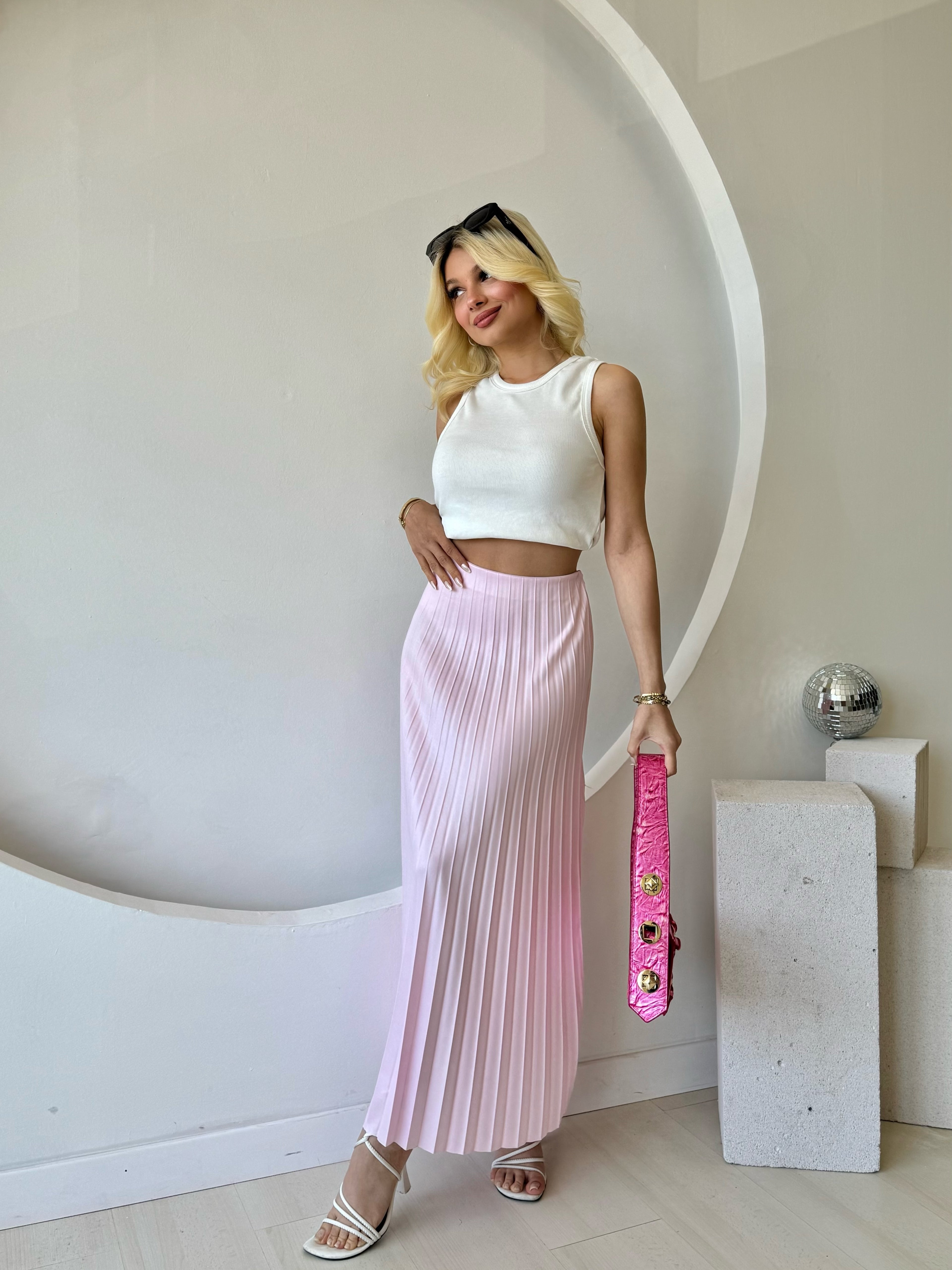 Astarsız Pembe Piliseli Etek