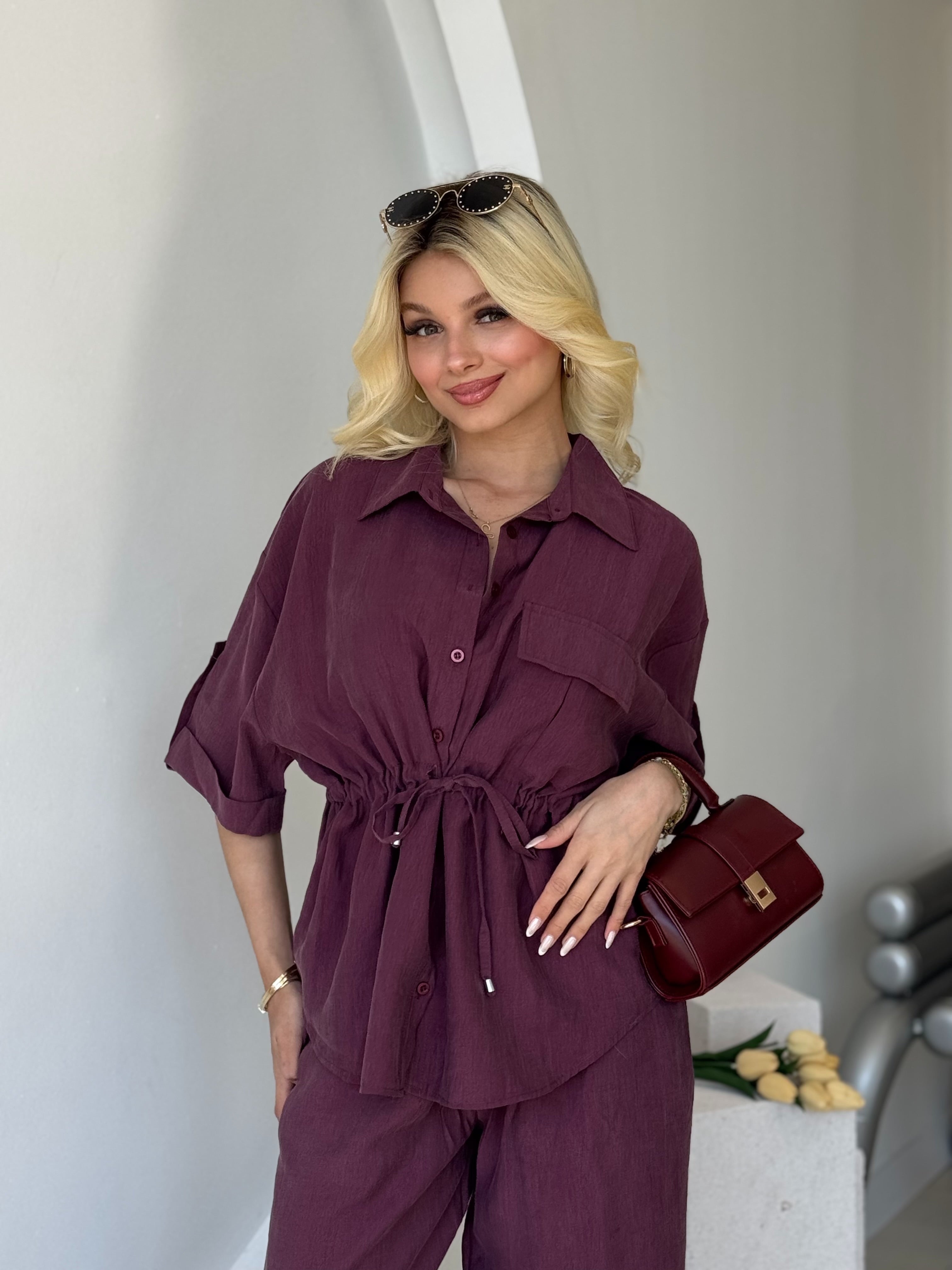 Mürdüm Düşük Kol Beli Bağcık Detaylı Ceket Pantolon Takım