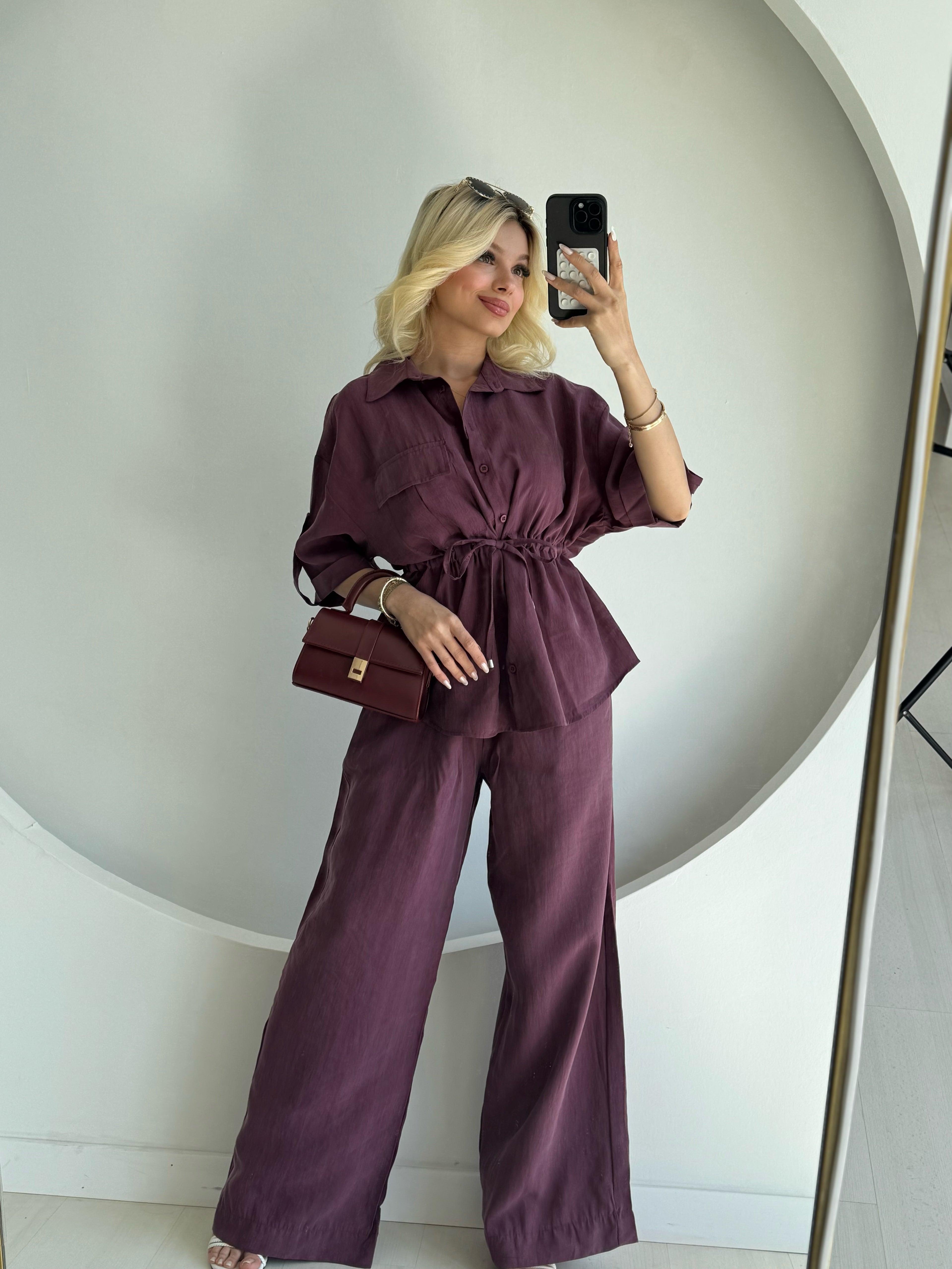 Mürdüm Düşük Kol Beli Bağcık Detaylı Ceket Pantolon Takım