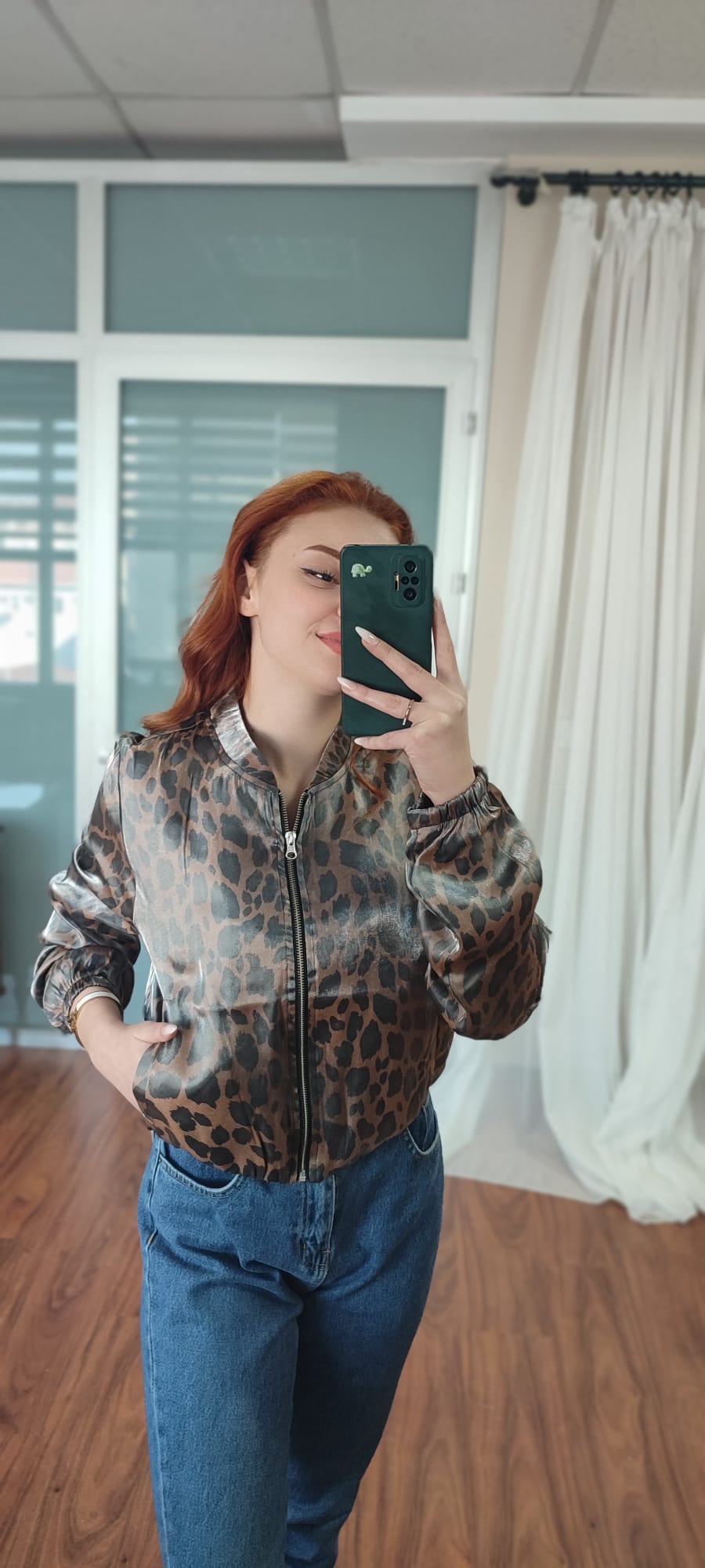 Saten Leopar Desen Bomber Ceket