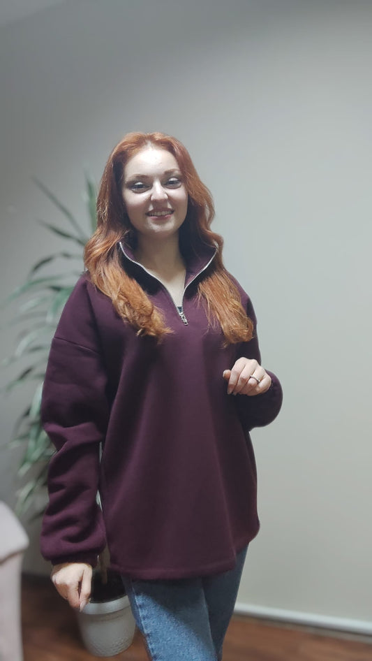 Bordo Fermuar Detaylı Sweatshirt