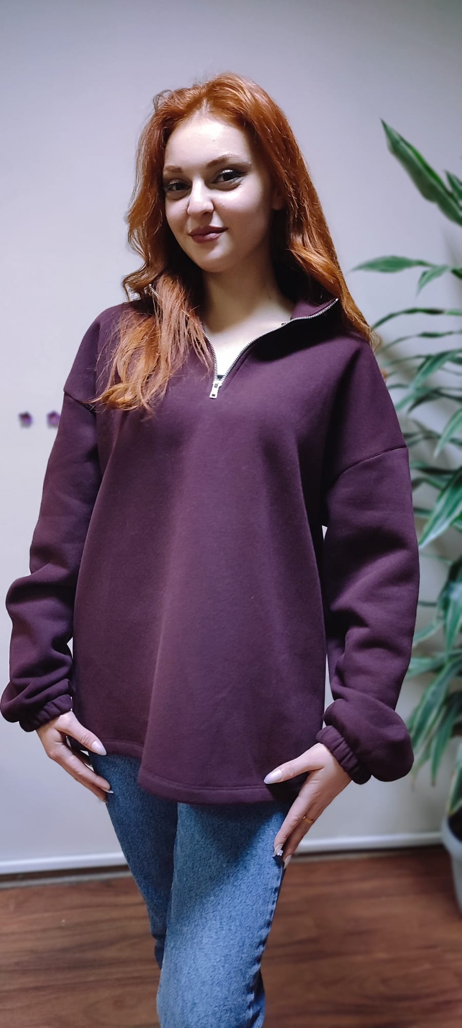 Bordo Fermuar Detaylı Sweatshirt