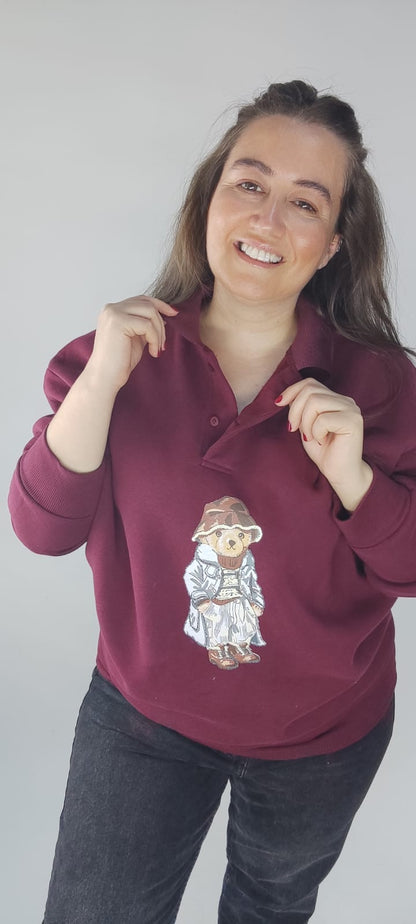 Bordo Yakalı İçi Şardonlu Teddy Sweatshirt