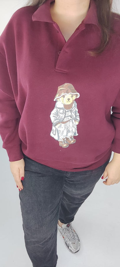 Bordo Yakalı İçi Şardonlu Teddy Sweatshirt