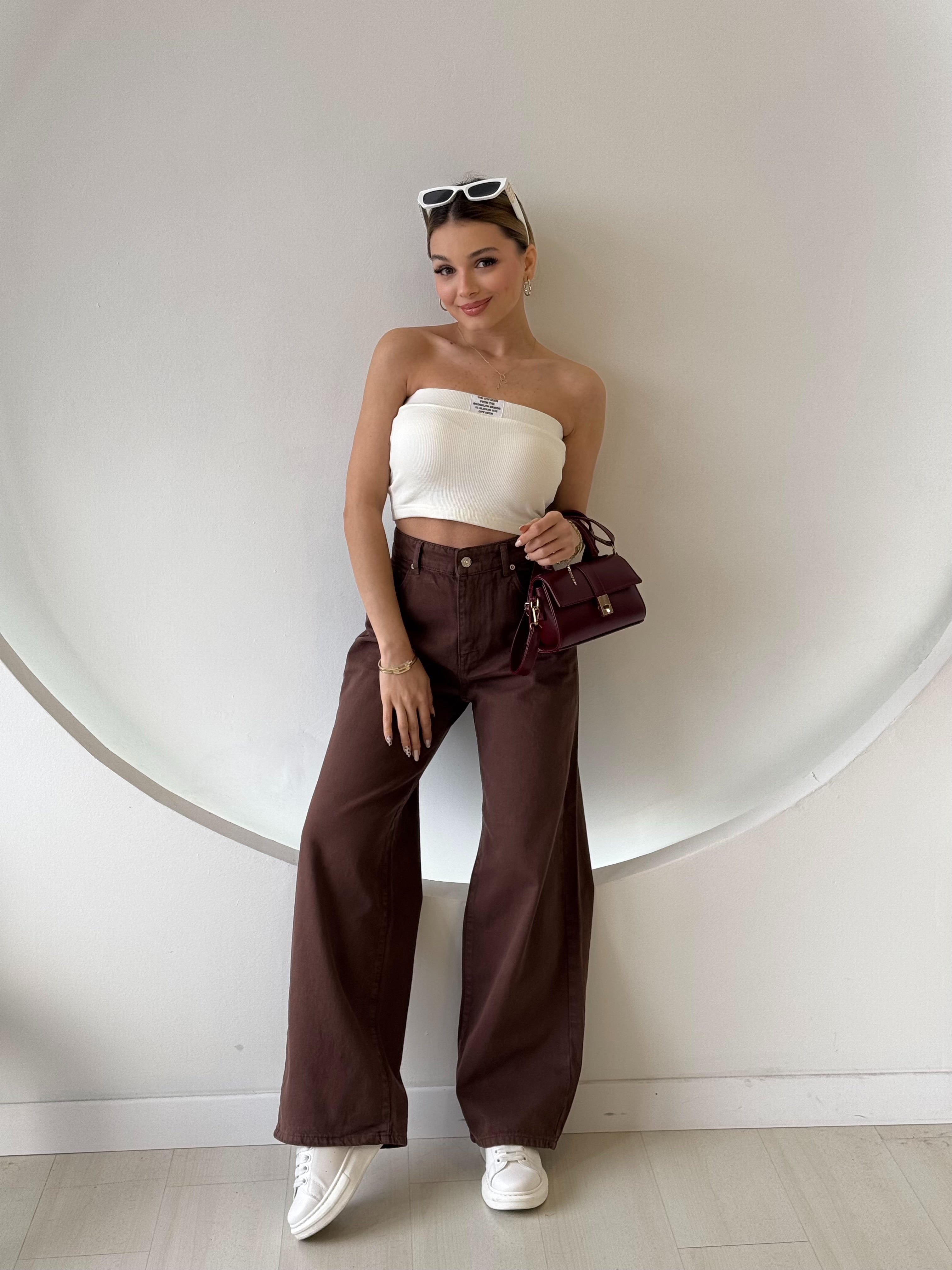 Kahverengi Yumuşak Dokulu Bol Paça Pantolon