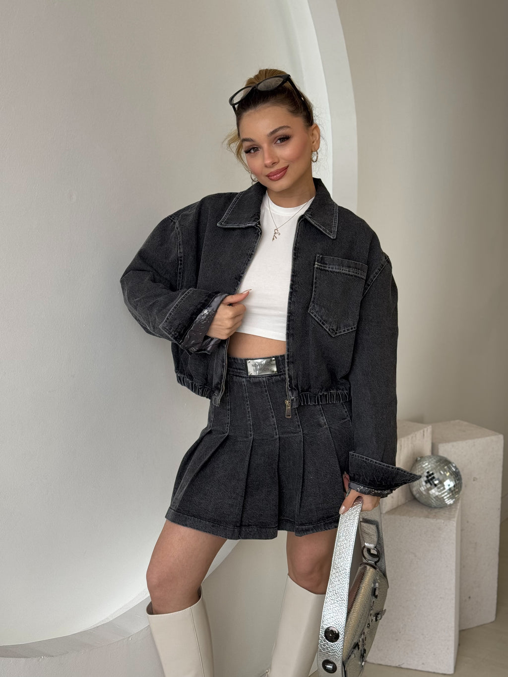 Kısa Pileli Etek Ceket Denim Takım