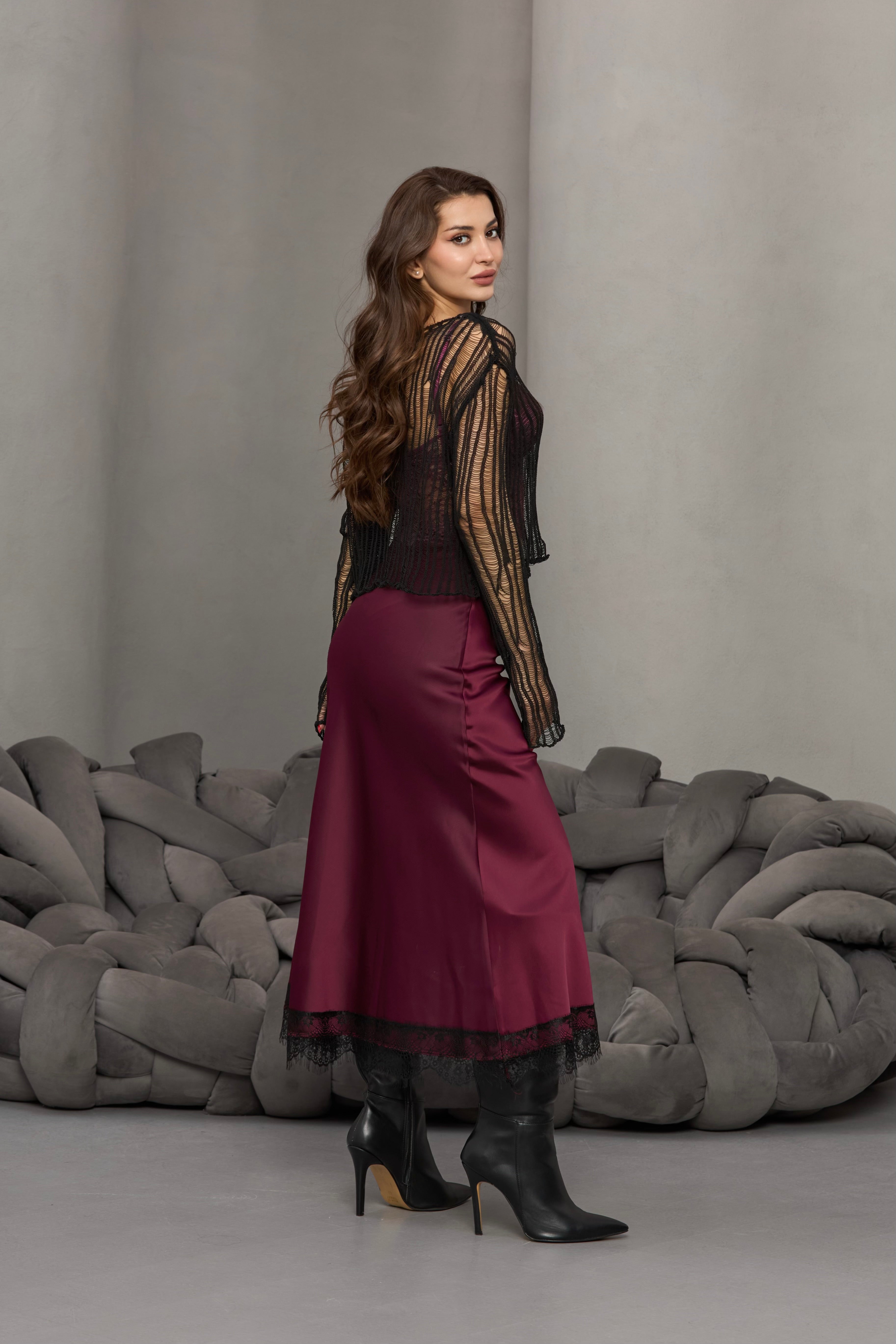 BORDO BELİ LASTİKLİ DANTELLİ SATEN ETEK