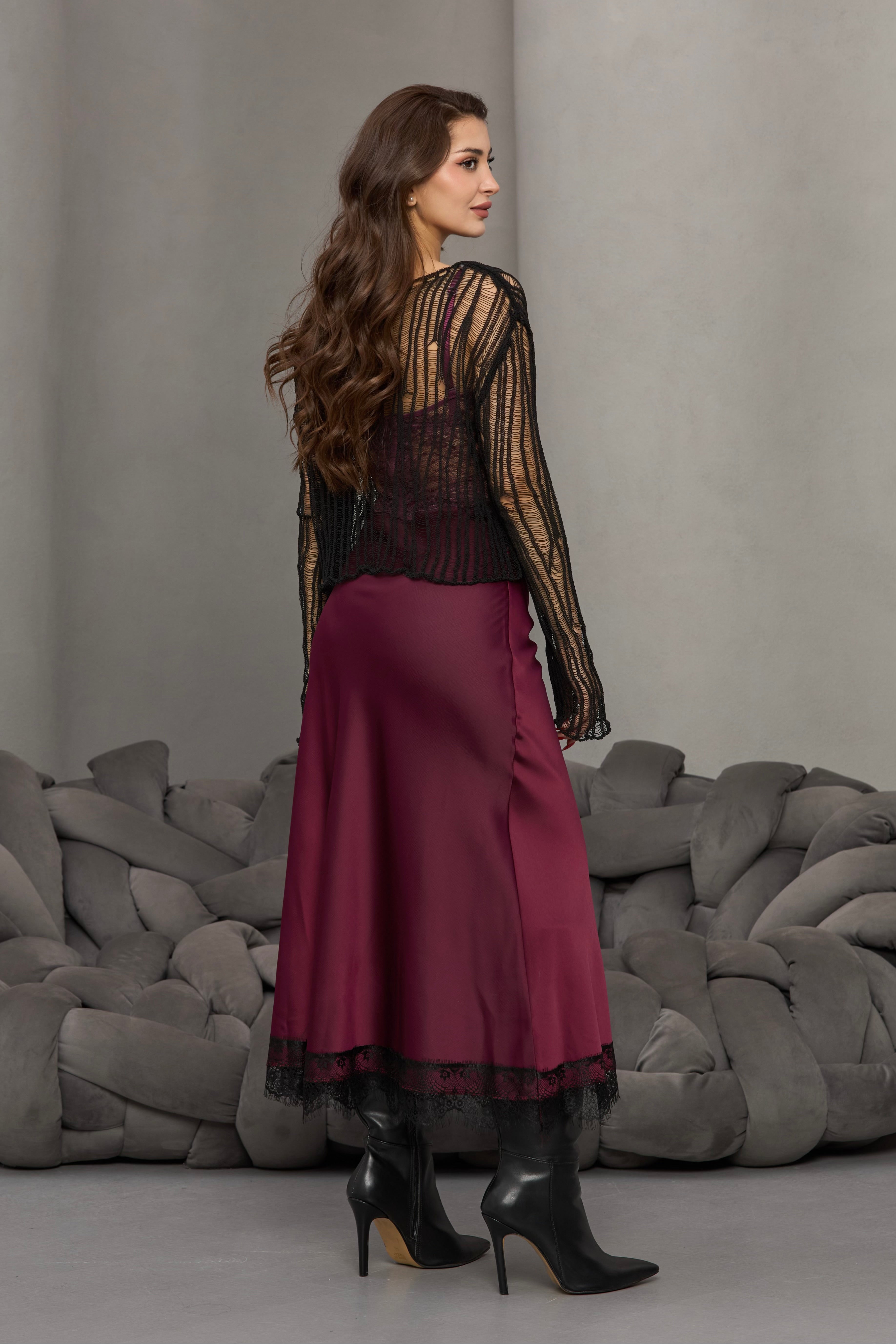 BORDO BELİ LASTİKLİ DANTELLİ SATEN ETEK