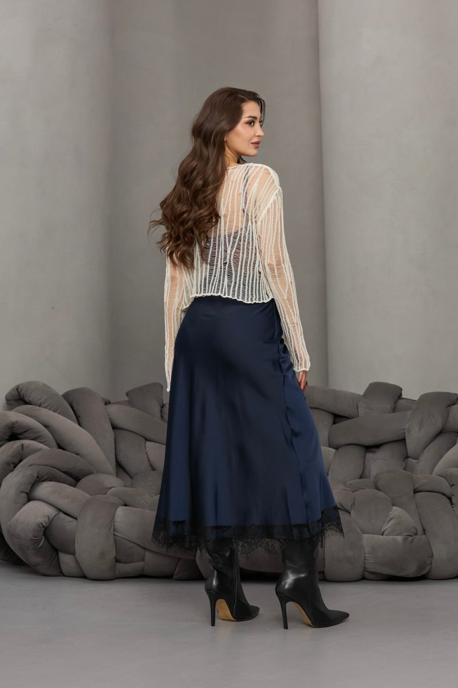 LACİVERT BELİ LASTİKLİ DANTELLİ SATEN ETEK