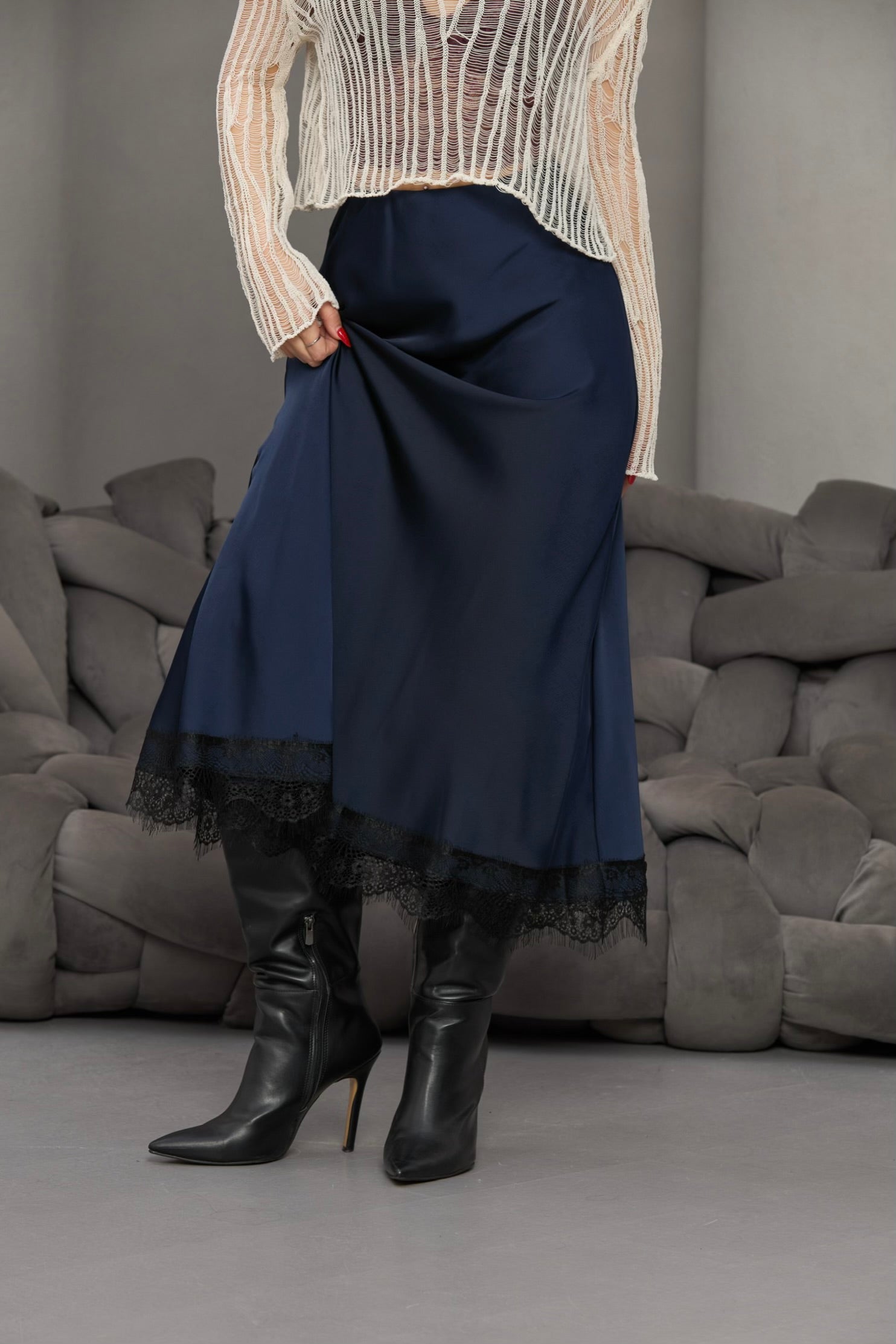 LACİVERT BELİ LASTİKLİ DANTELLİ SATEN ETEK