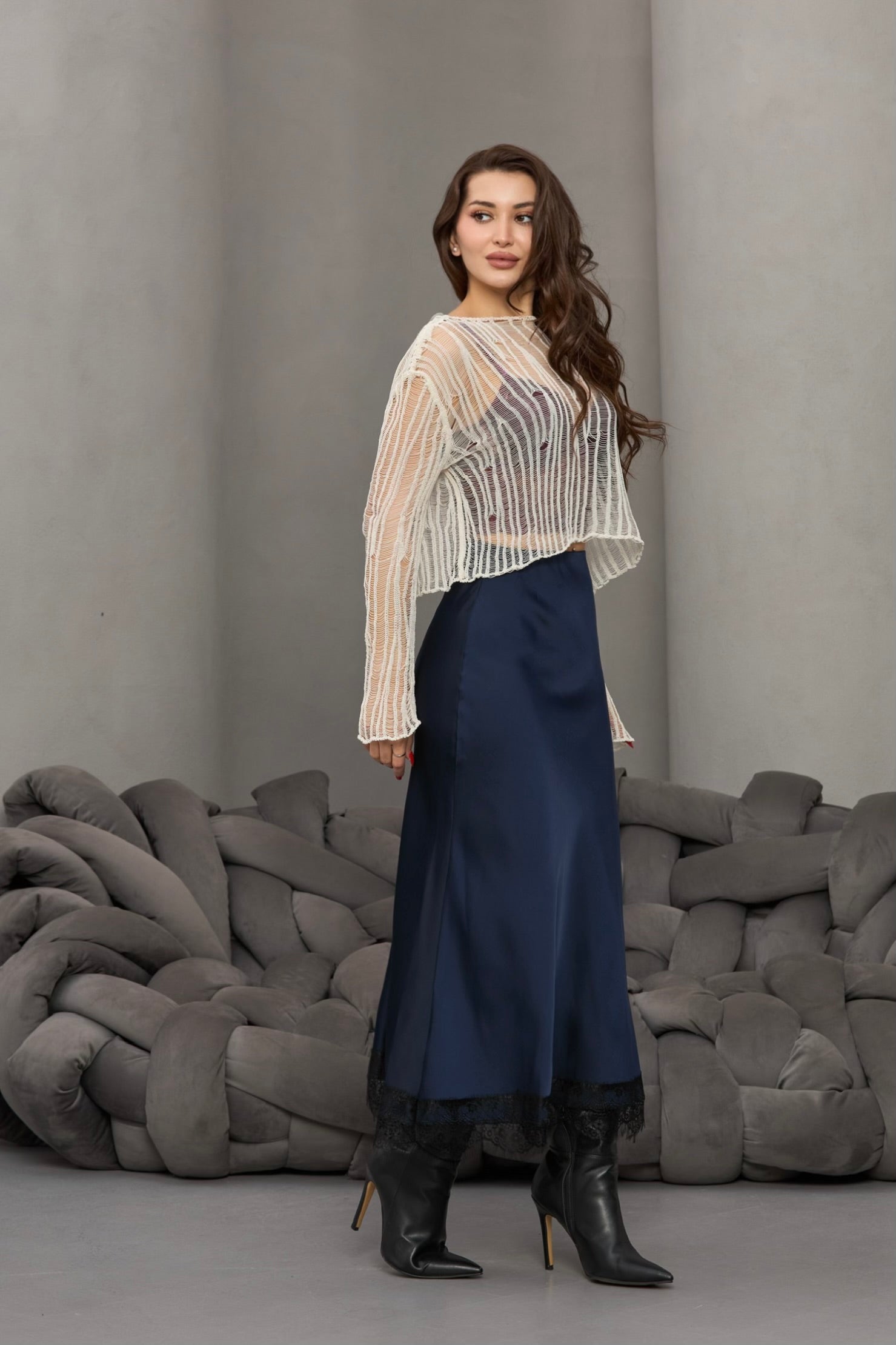 LACİVERT BELİ LASTİKLİ DANTELLİ SATEN ETEK