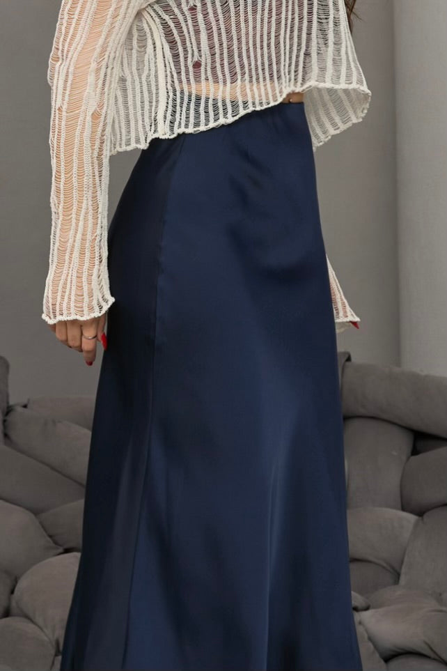 LACİVERT BELİ LASTİKLİ DANTELLİ SATEN ETEK