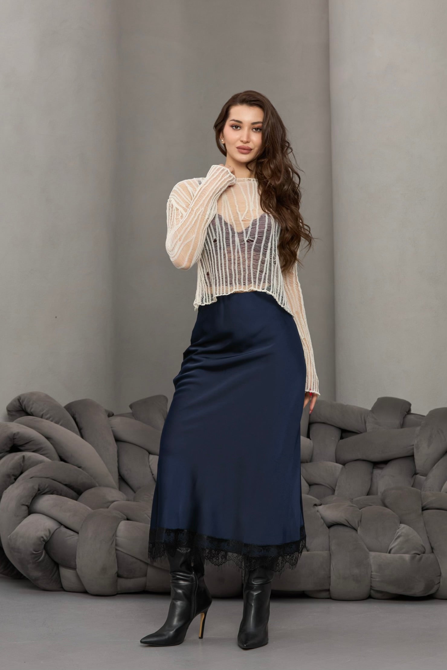 LACİVERT BELİ LASTİKLİ DANTELLİ SATEN ETEK