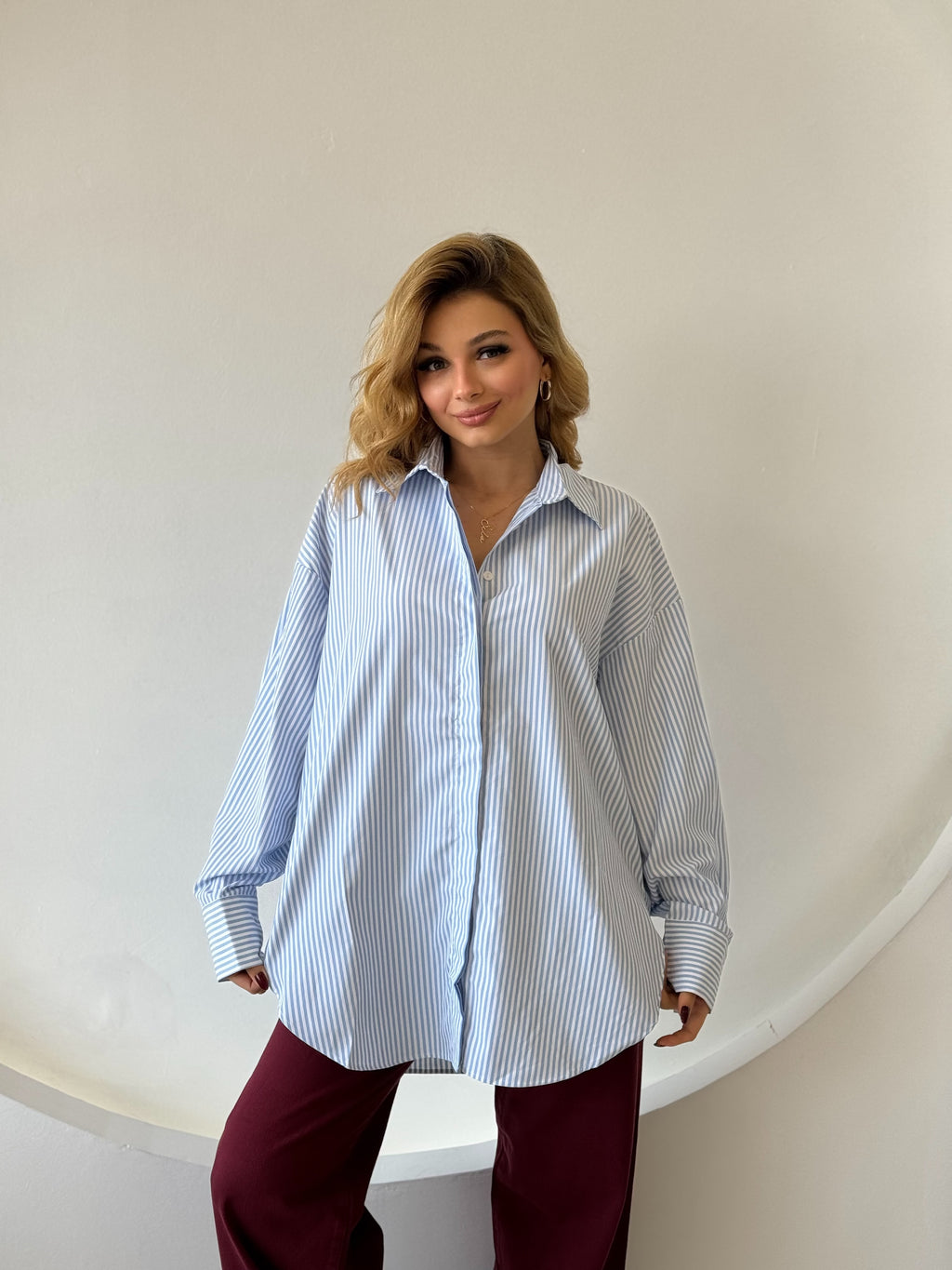 Oversize Arkası Uzun Mavi Beyaz Çizgili Gömlek