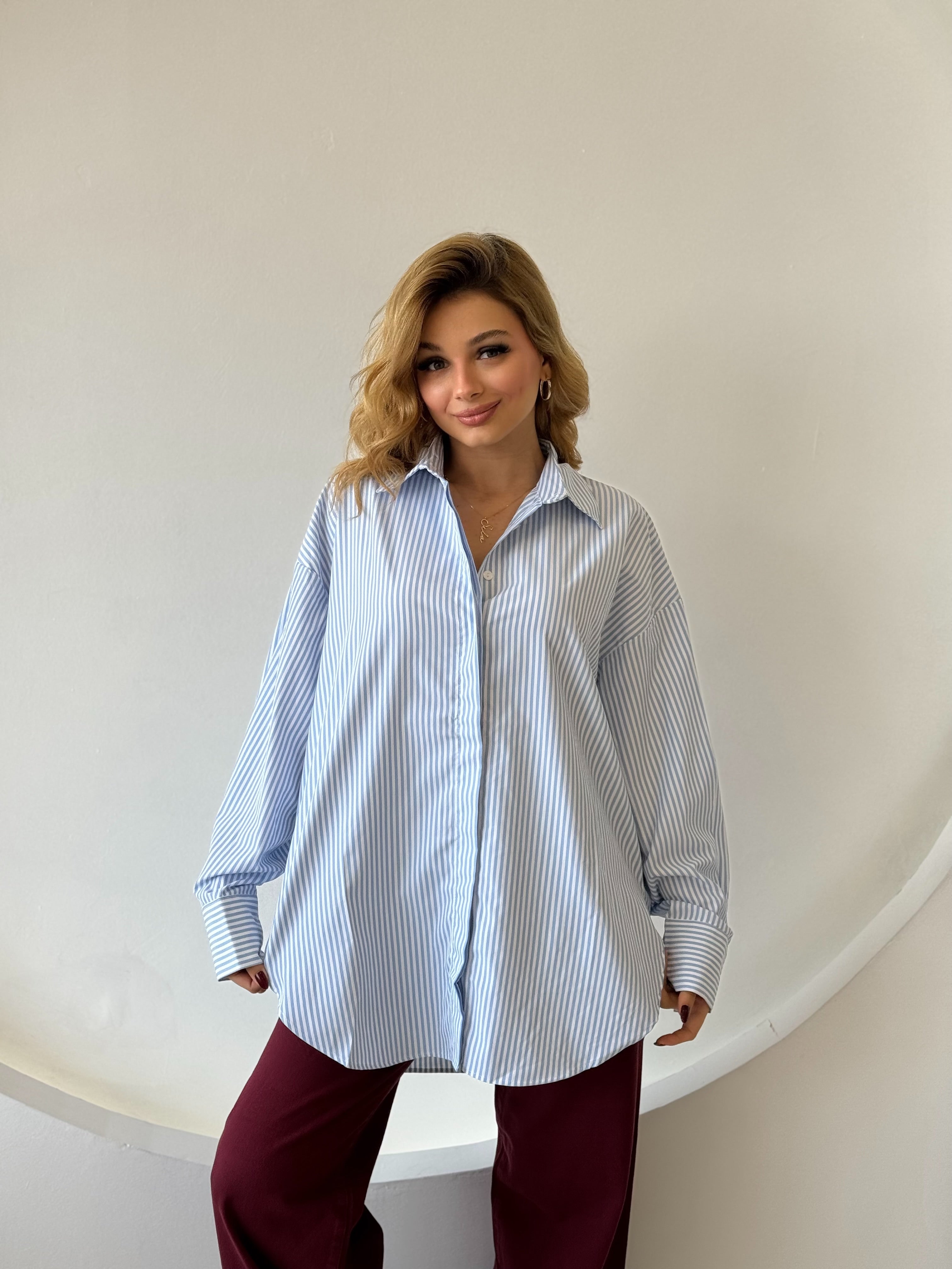 Oversize Arkası Uzun Mavi Beyaz Çizgili Gömlek