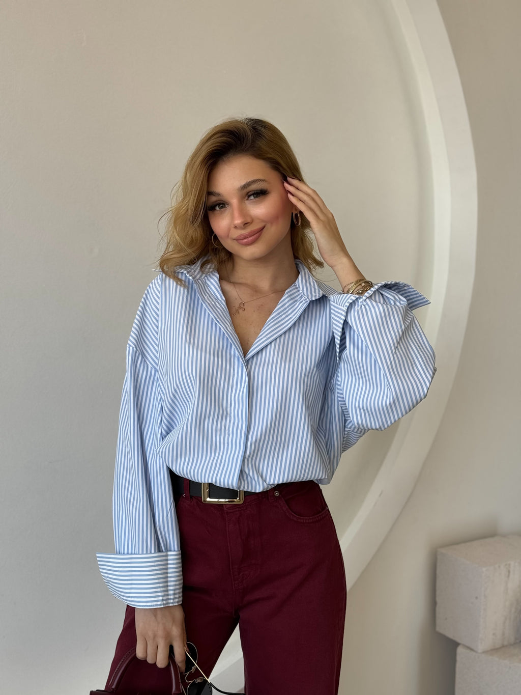 Oversize Arkası Uzun Mavi Beyaz Çizgili Gömlek