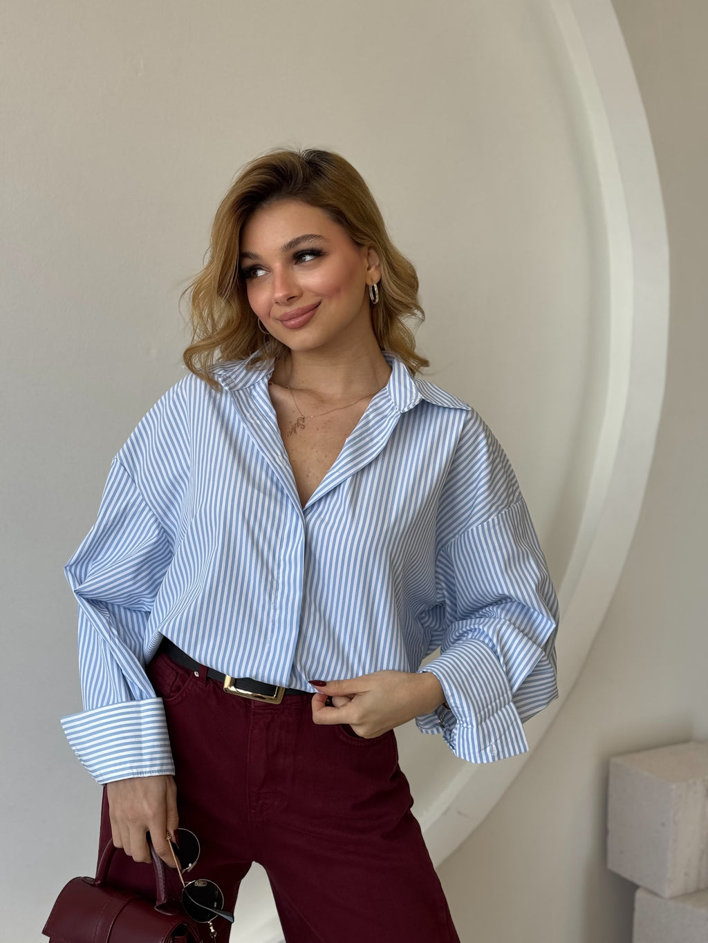 Oversize Arkası Uzun Mavi Beyaz Çizgili Gömlek