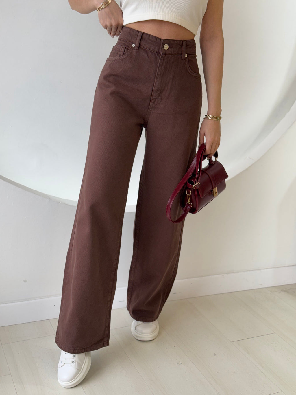 Kahverengi Yumuşak Dokulu Bol Paça Pantolon