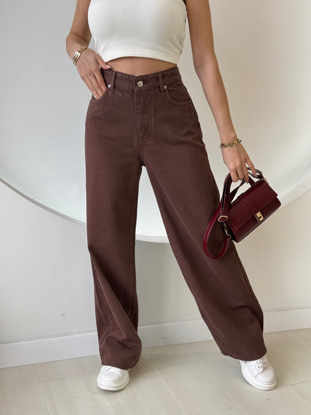 Kahverengi Yumuşak Dokulu Bol Paça Pantolon