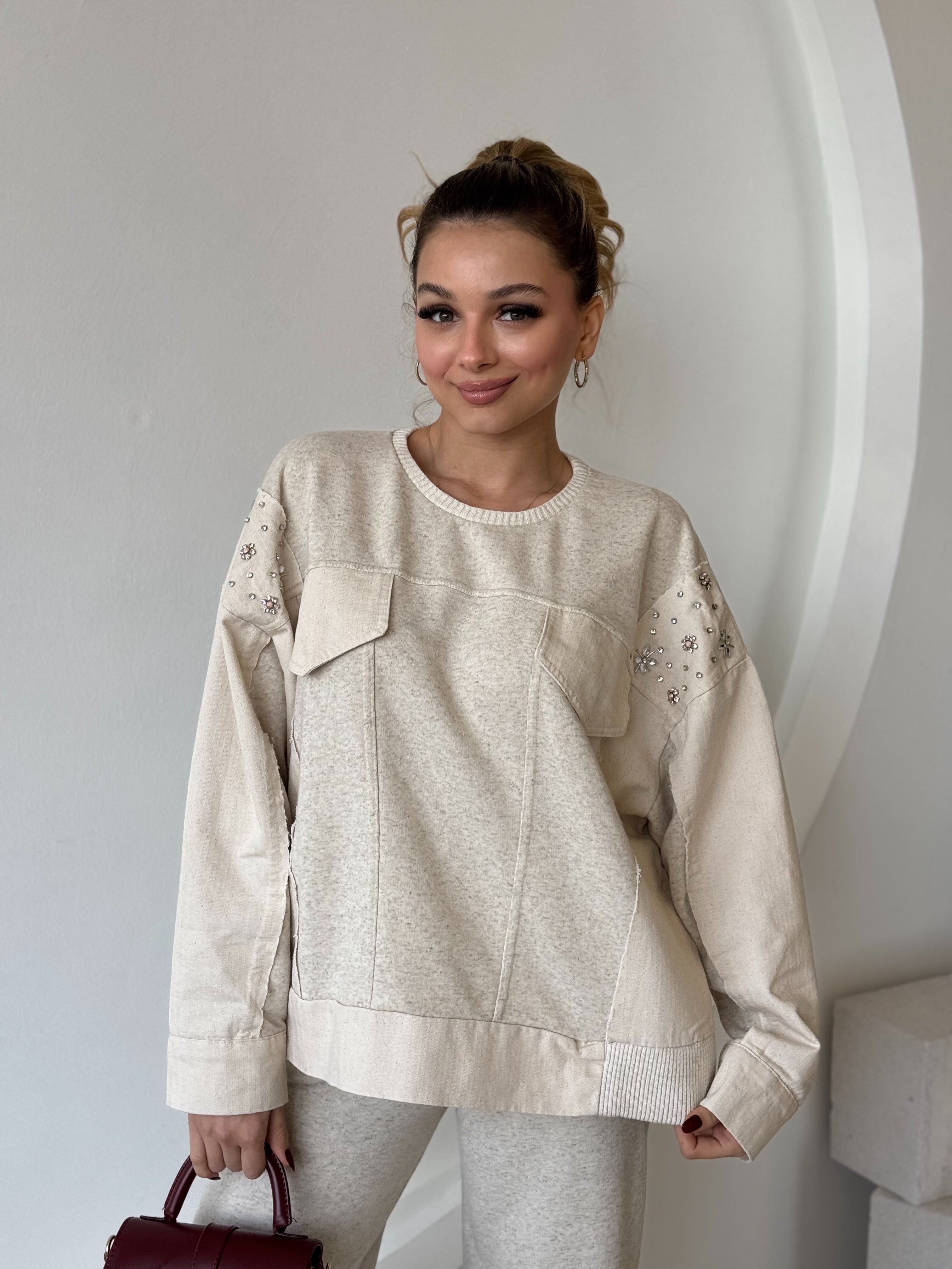 Boncuk Ve Cep Detaylı Sweat Pantolon Takım