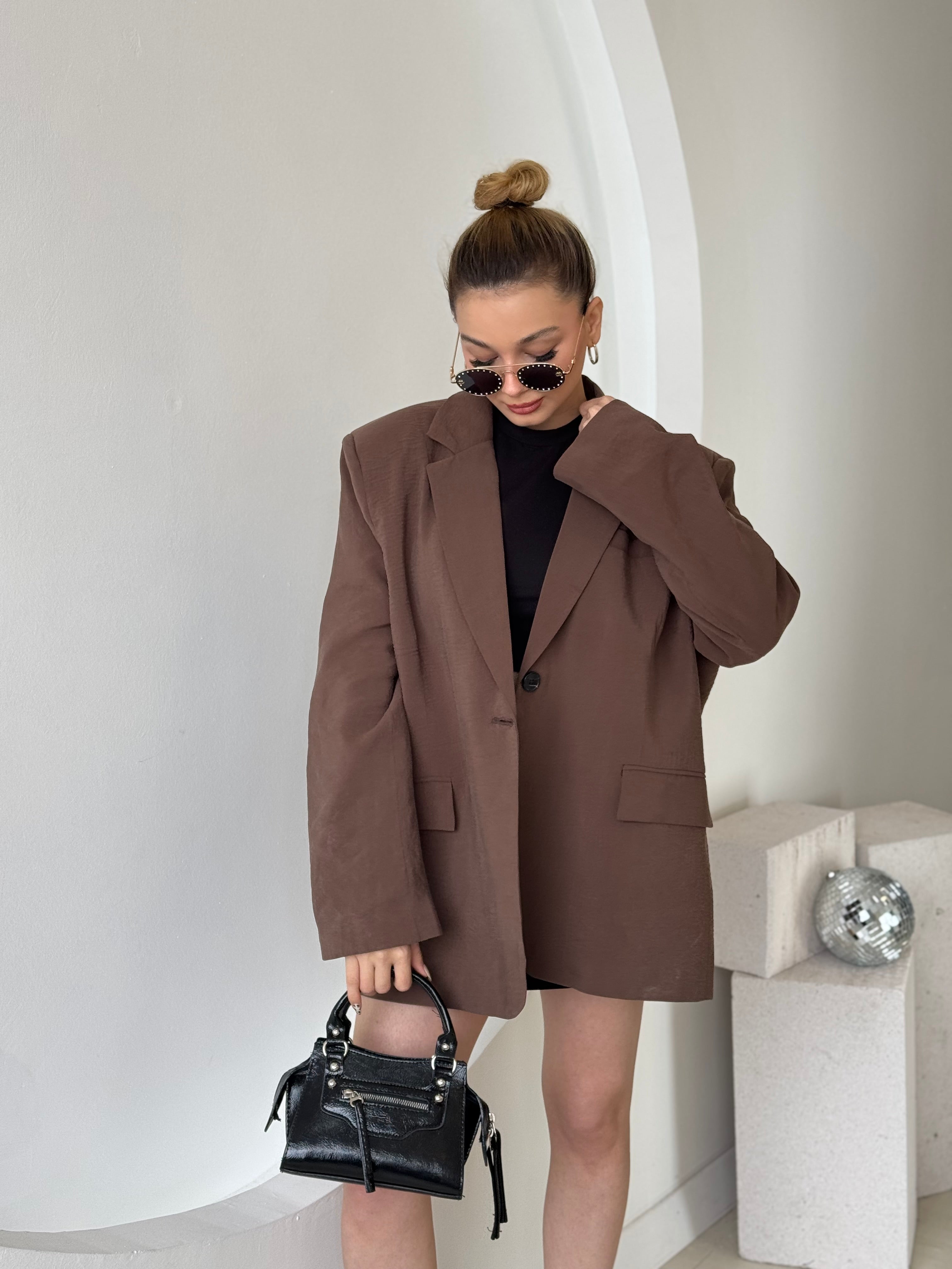 Kahverengi Astarlı Oversize Blazer Ceket