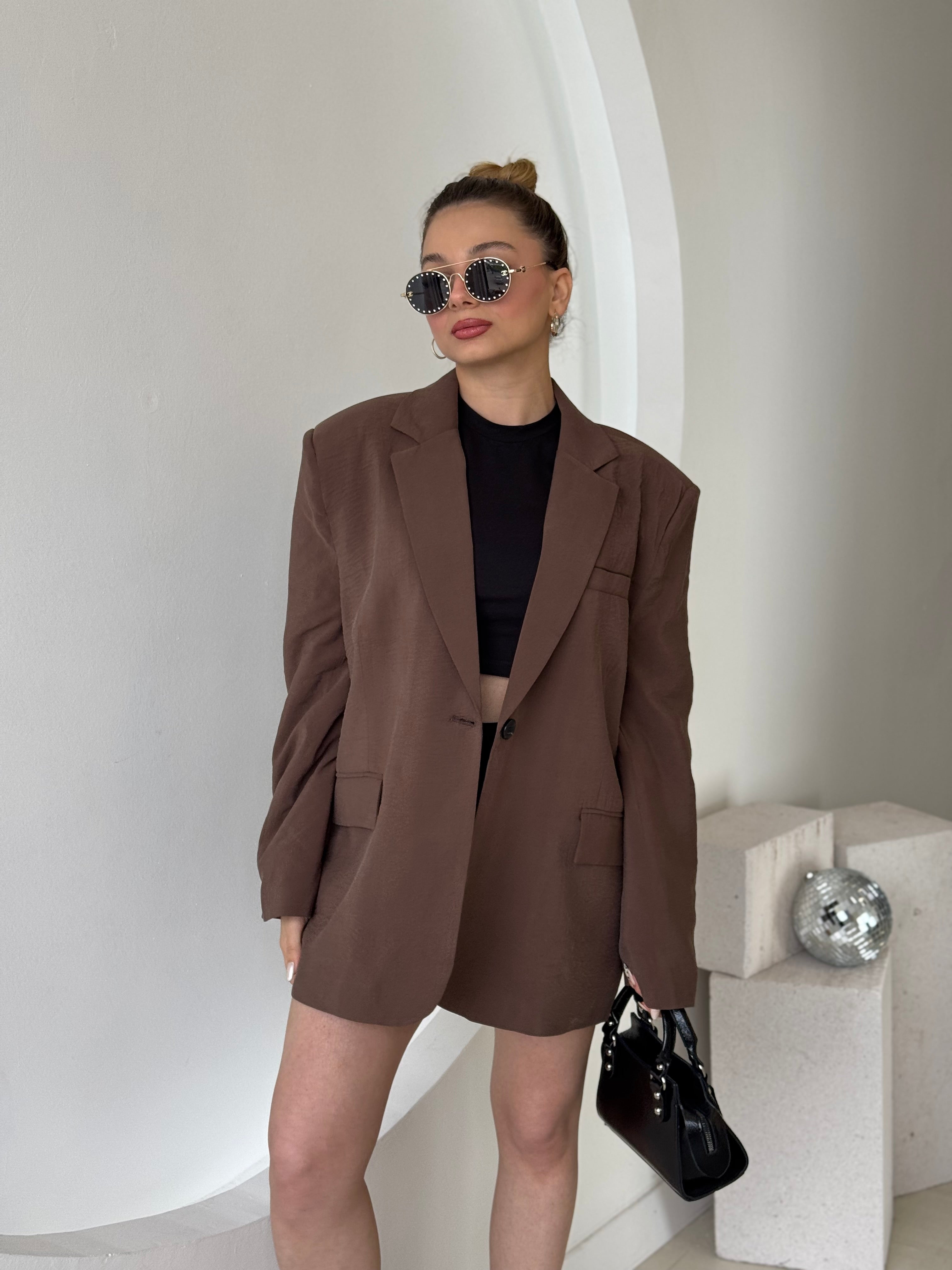 Kahverengi Astarlı Oversize Blazer Ceket